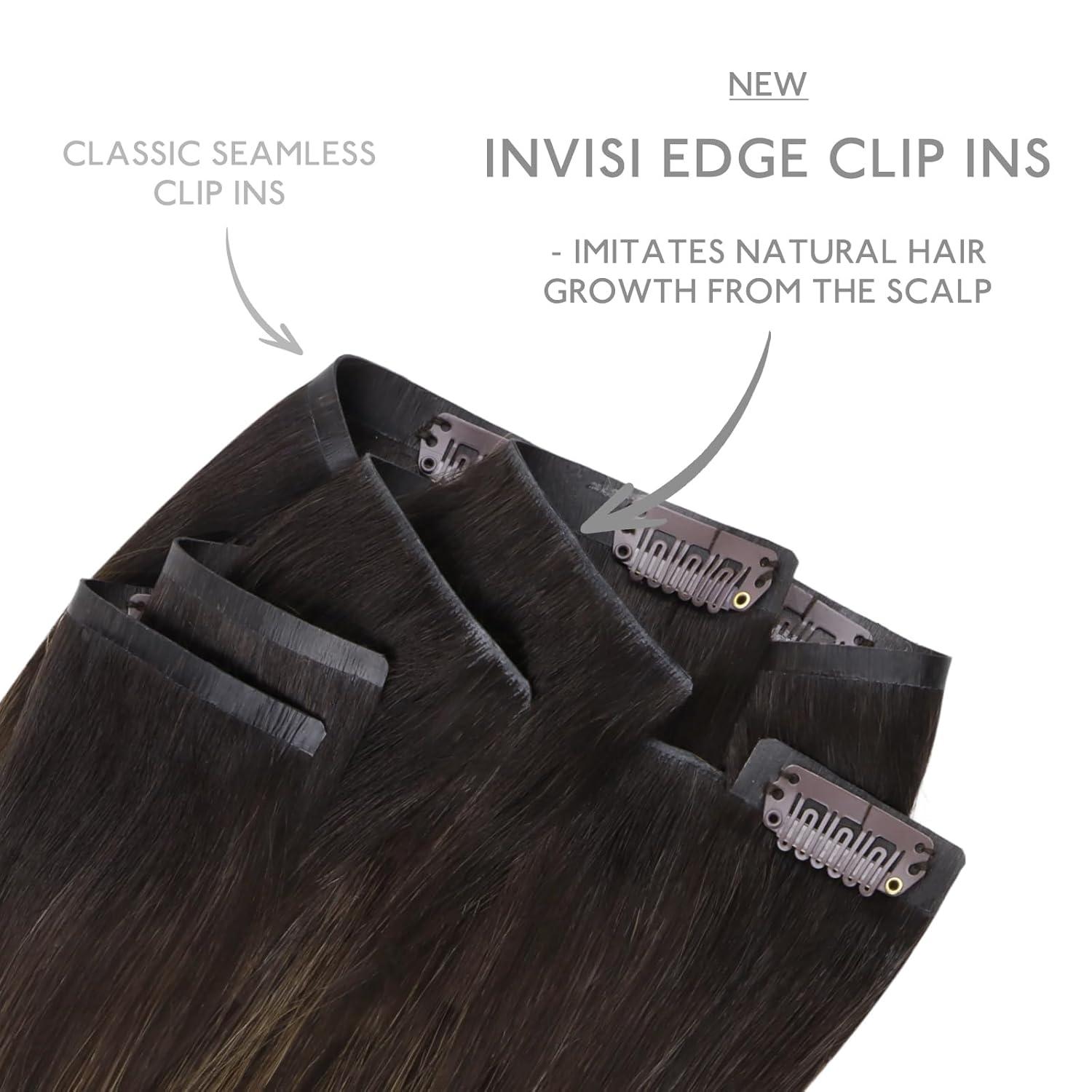 imageWENNALIFE Invisi Edge Clip in Hair Extensions Real Human Hair 18 Inch 130g 7pcs Ombre Walnut Brown to Ash Brown and Bleach Blonde Seamless Clip in Extensions Remy Hair Clip Ins Invisible PU Skin WeftI262 Balayage Dark Brown Mixed Chestnut Brown