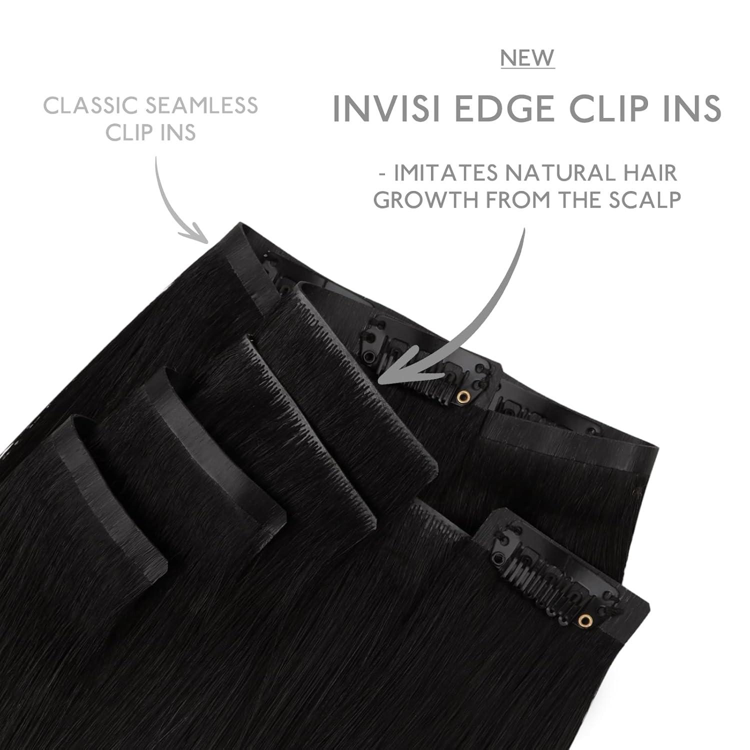 imageWENNALIFE Invisi Edge Clip in Hair Extensions Real Human Hair 18 Inch 130g 7pcs Ombre Walnut Brown to Ash Brown and Bleach Blonde Seamless Clip in Extensions Remy Hair Clip Ins Invisible PU Skin WeftI1 Jet Black