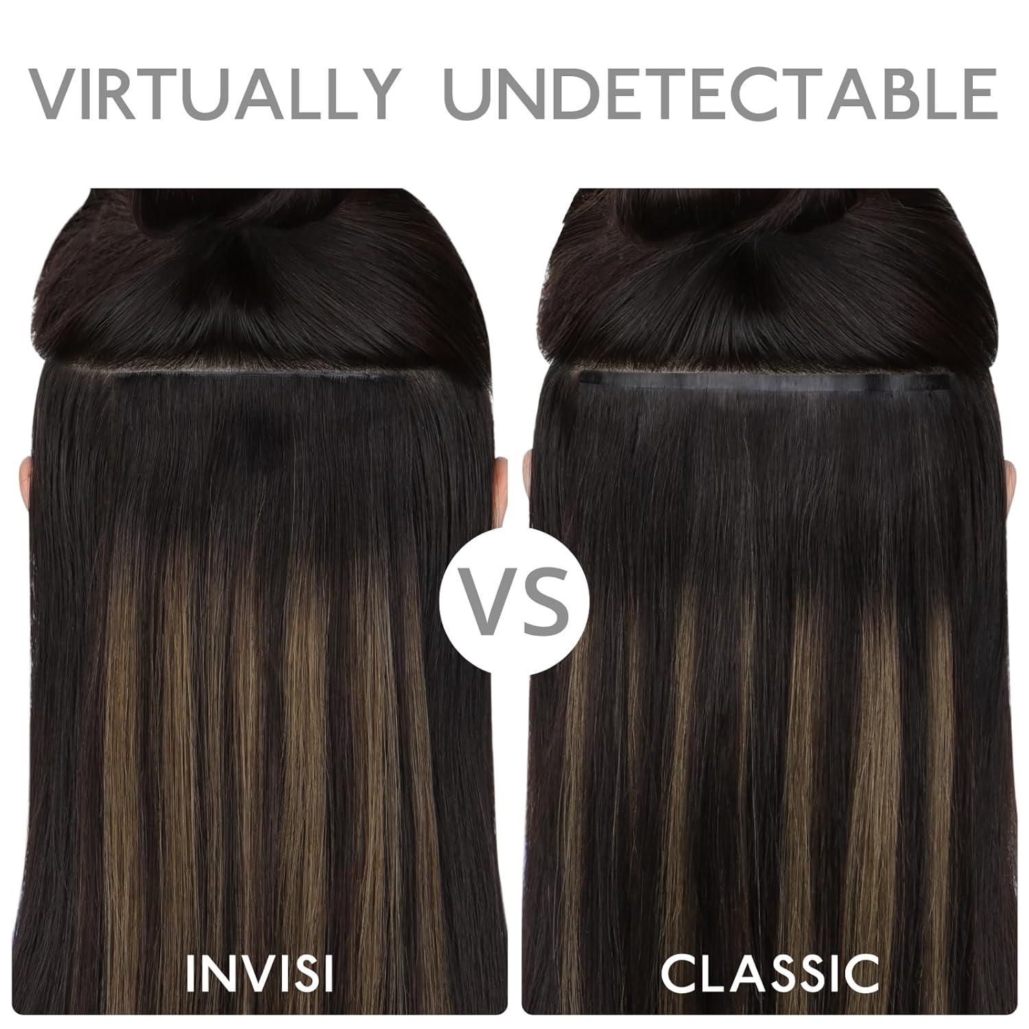 imageWENNALIFE Invisi Edge Clip in Hair Extensions Real Human Hair 18 Inch 130g 7pcs Ombre Walnut Brown to Ash Brown and Bleach Blonde Seamless Clip in Extensions Remy Hair Clip Ins Invisible PU Skin WeftI1B Natural Black