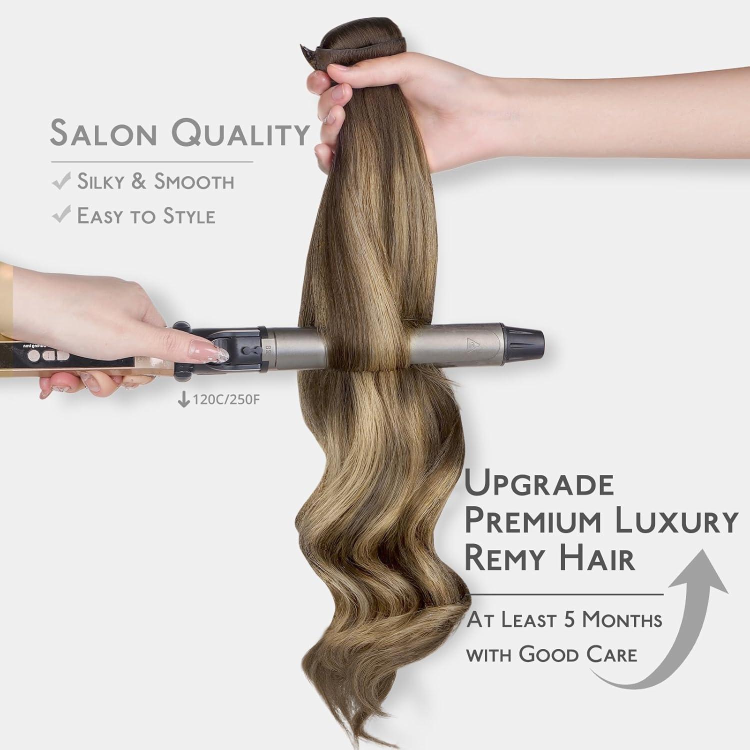 imageWENNALIFE Invisi Edge Clip in Hair Extensions Real Human Hair 18 Inch 130g 7pcs Ombre Walnut Brown to Ash Brown and Bleach Blonde Seamless Clip in Extensions Remy Hair Clip Ins Invisible PU Skin WeftI4274 Balayage Chocolate Brown to Caramel Blonde