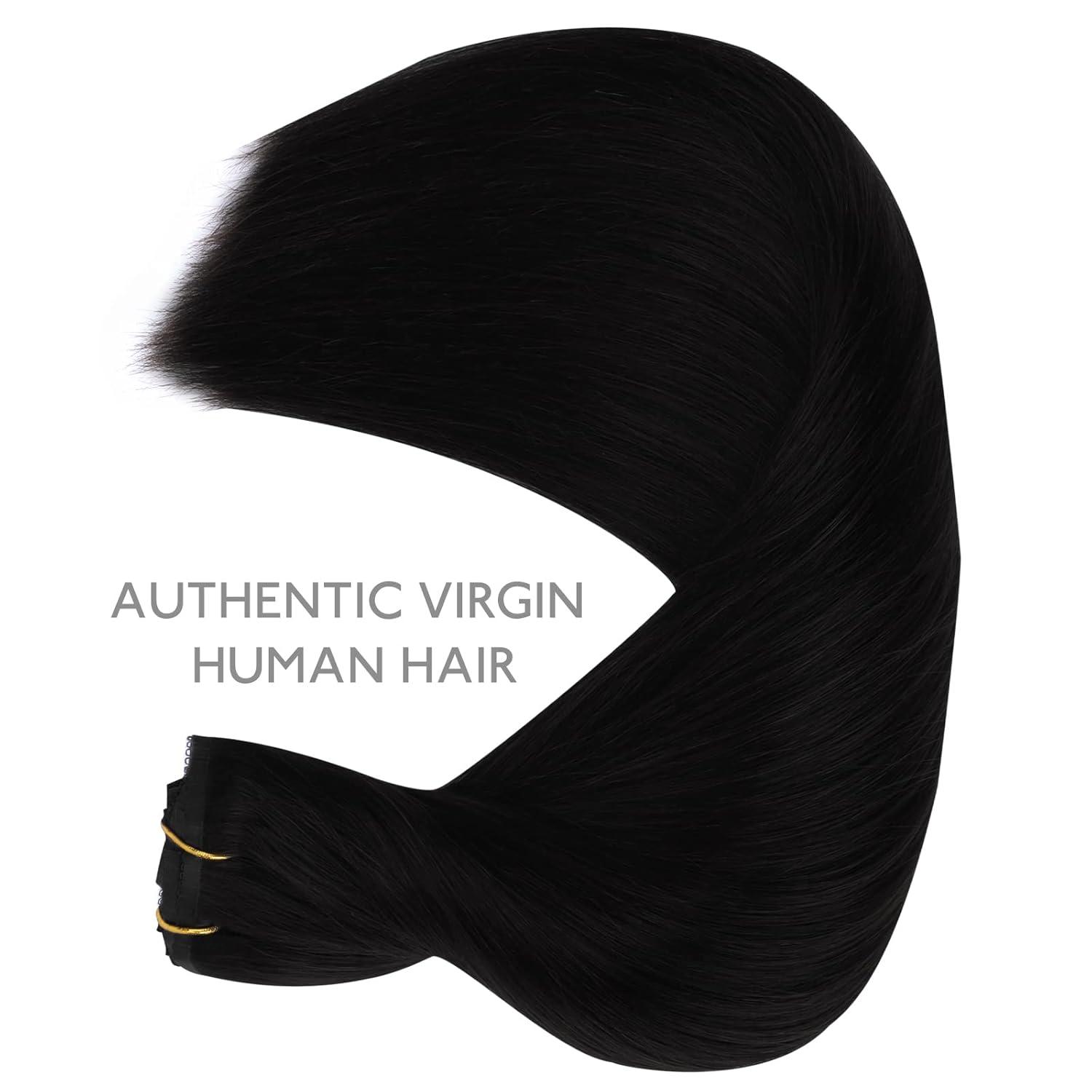 imageWENNALIFE Invisi Edge Clip in Hair Extensions Real Human Hair 18 Inch 130g 7pcs Ombre Walnut Brown to Ash Brown and Bleach Blonde Seamless Clip in Extensions Remy Hair Clip Ins Invisible PU Skin WeftL1 Jet Black