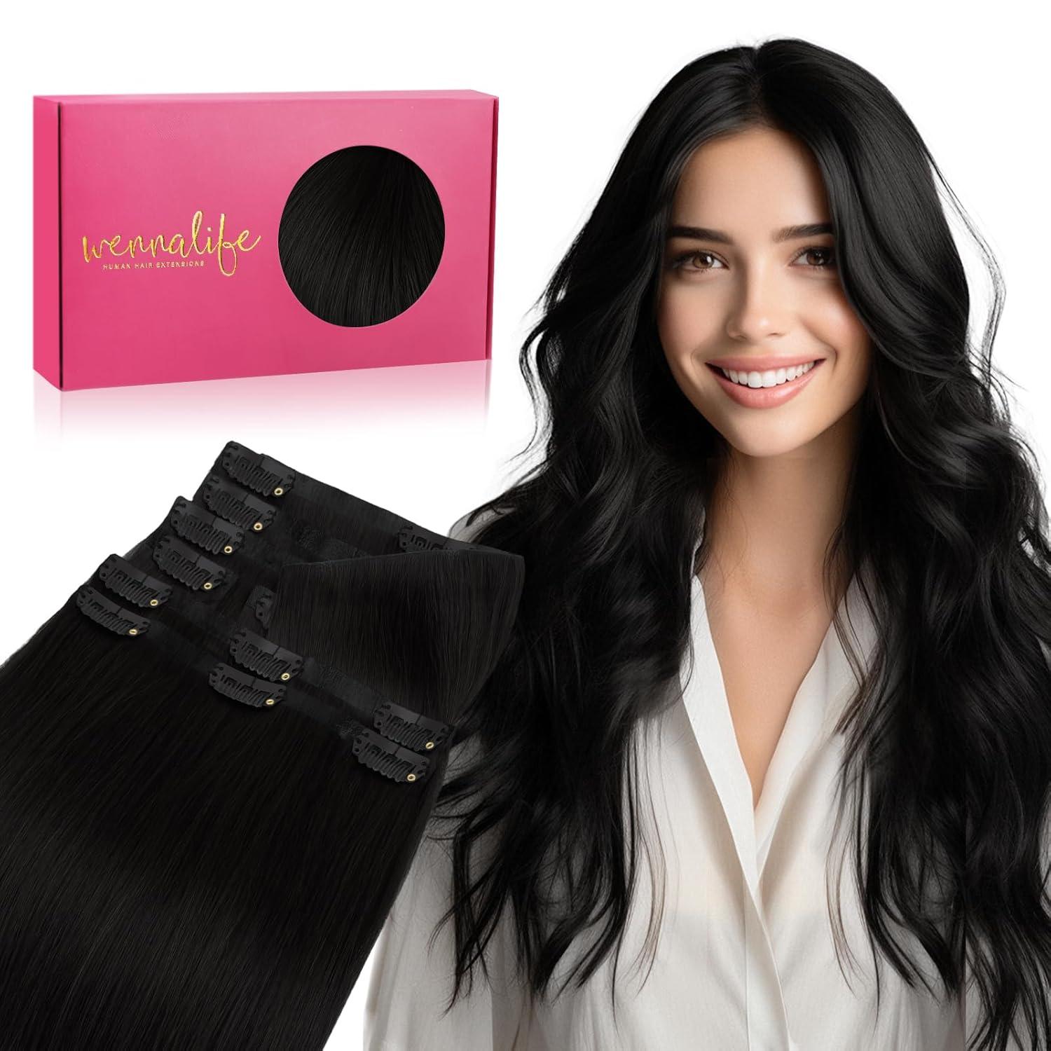 imageWENNALIFE Invisi Edge Clip in Hair Extensions Real Human Hair 18 Inch 130g 7pcs Ombre Walnut Brown to Ash Brown and Bleach Blonde Seamless Clip in Extensions Remy Hair Clip Ins Invisible PU Skin WeftI1 Jet Black