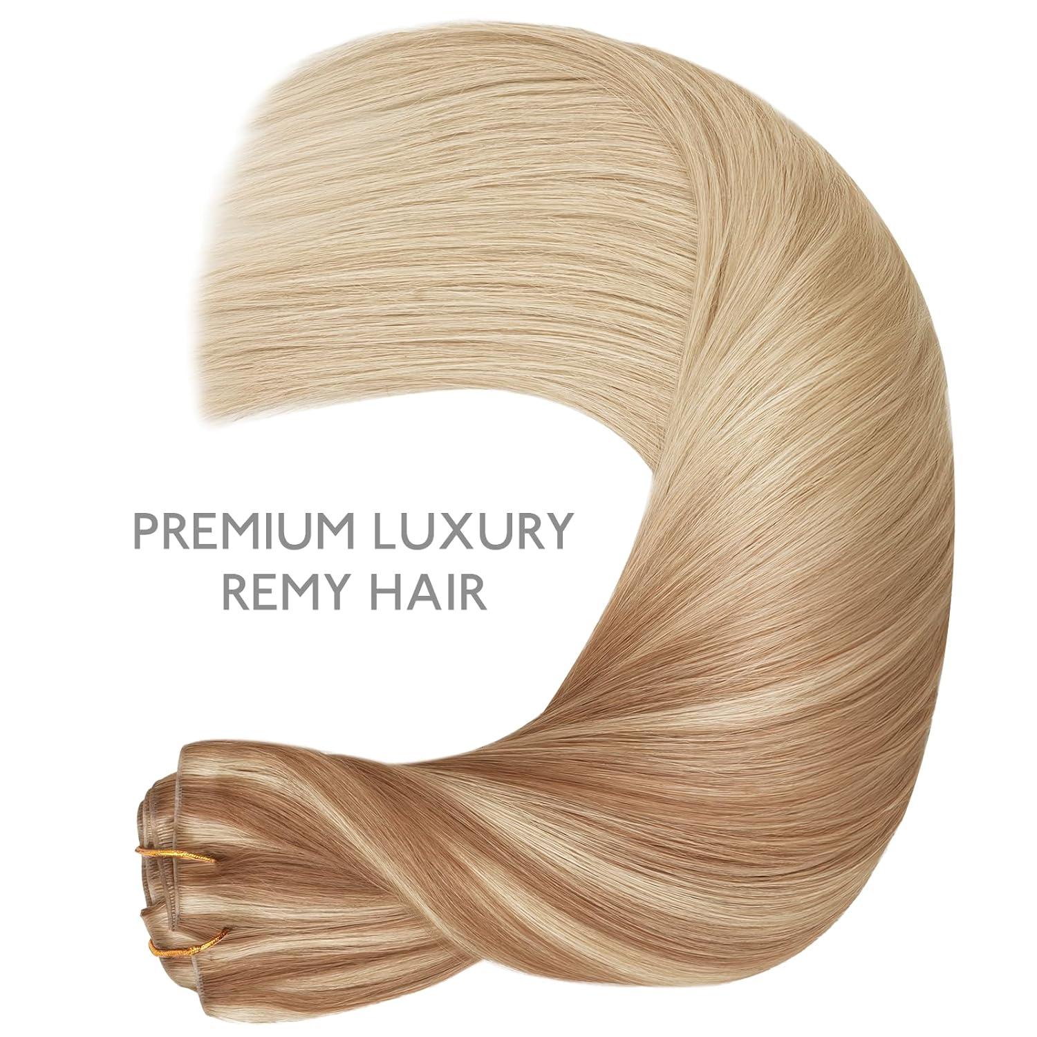 imageWENNALIFE Invisi Edge Clip in Hair Extensions Real Human Hair 18 Inch 130g 7pcs Ombre Walnut Brown to Ash Brown and Bleach Blonde Seamless Clip in Extensions Remy Hair Clip Ins Invisible PU Skin WeftI12A18H Ash Beige Blonde Blend