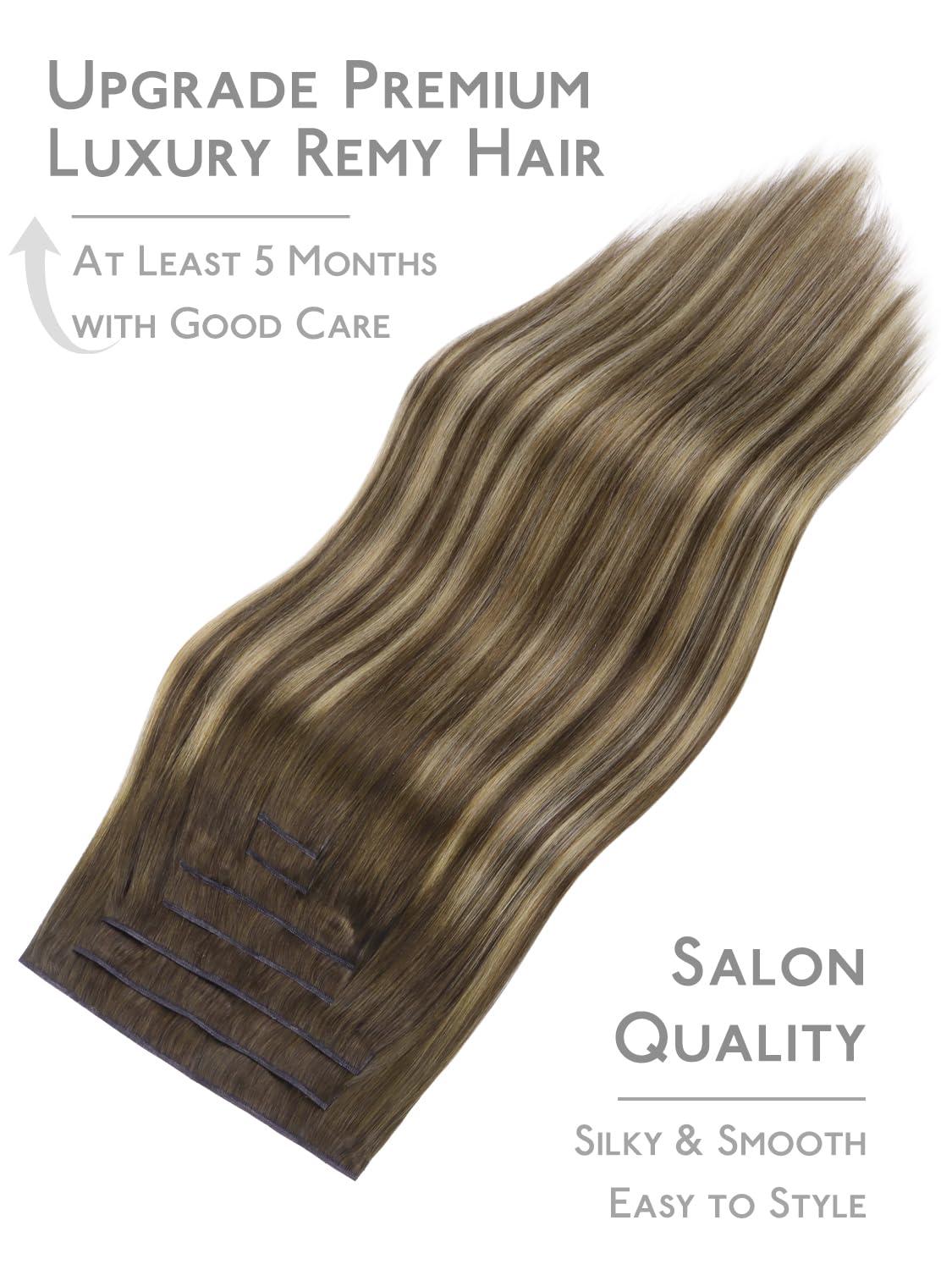 imageWENNALIFE Invisi Edge Clip in Hair Extensions Real Human Hair 18 Inch 130g 7pcs Ombre Walnut Brown to Ash Brown and Bleach Blonde Seamless Clip in Extensions Remy Hair Clip Ins Invisible PU Skin WeftG4274 Balayage Chocolate Brown to Caramel Blonde