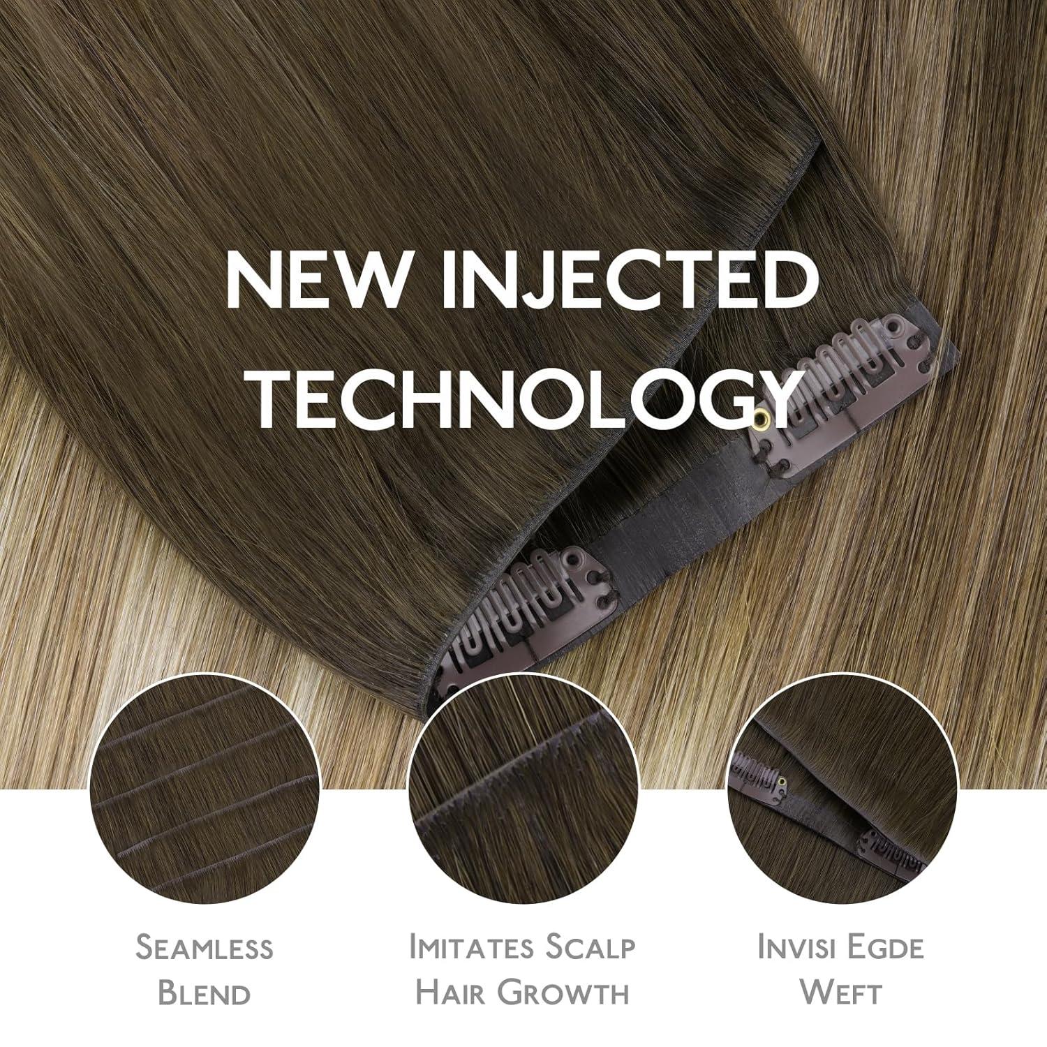 imageWENNALIFE Invisi Edge Clip in Hair Extensions Real Human Hair 18 Inch 130g 7pcs Ombre Walnut Brown to Ash Brown and Bleach Blonde Seamless Clip in Extensions Remy Hair Clip Ins Invisible PU Skin WeftI38613 Ombre Walnut Brown to Ash Brown and Bleach Blonde