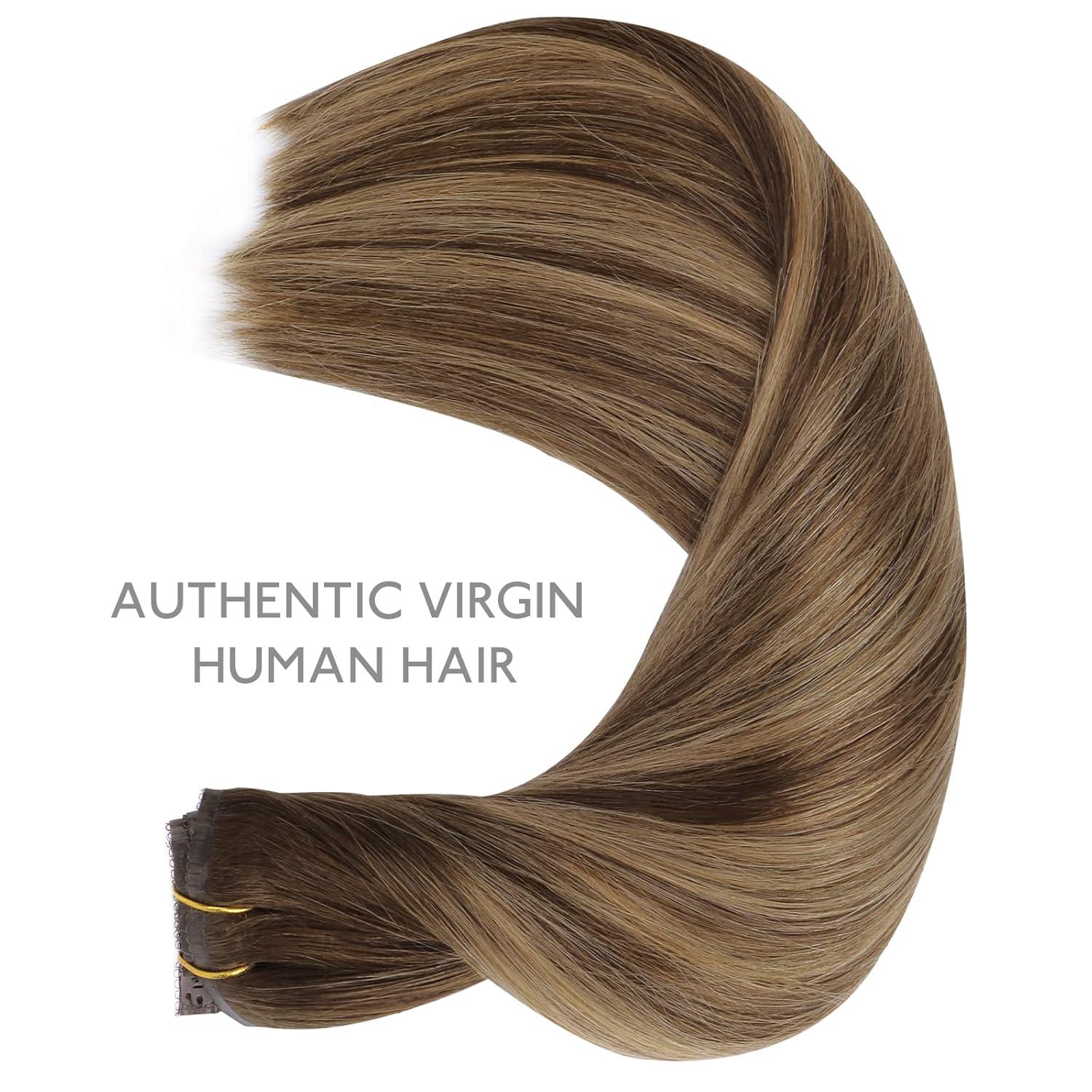 imageWENNALIFE Invisi Edge Clip in Hair Extensions Real Human Hair 18 Inch 130g 7pcs Ombre Walnut Brown to Ash Brown and Bleach Blonde Seamless Clip in Extensions Remy Hair Clip Ins Invisible PU Skin WeftL4274 Balayage Chocolate Brown to Caramel Blonde