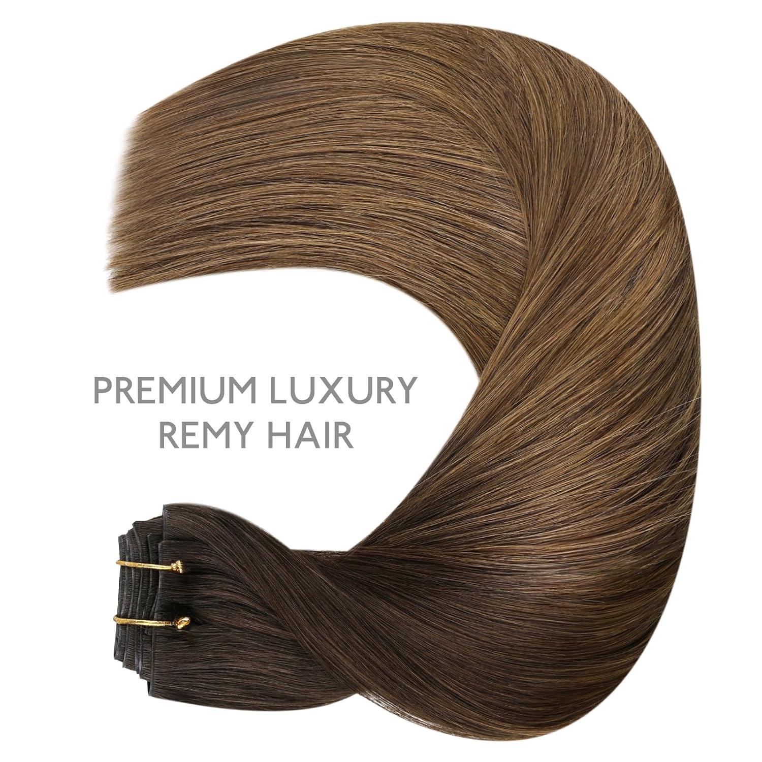 imageWENNALIFE Invisi Edge Clip in Hair Extensions Real Human Hair 18 Inch 130g 7pcs Ombre Walnut Brown to Ash Brown and Bleach Blonde Seamless Clip in Extensions Remy Hair Clip Ins Invisible PU Skin WeftI124 Ombre Dark Brown to Light Chestnut Brown