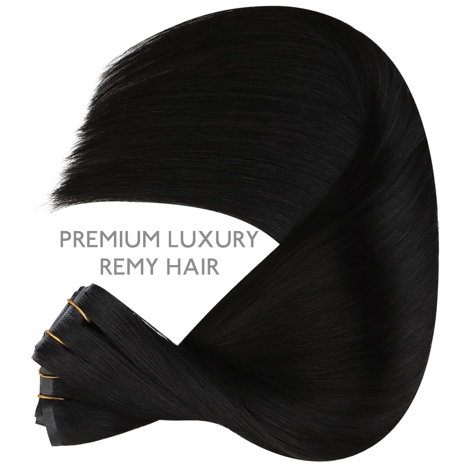 imageWENNALIFE Invisi Edge Clip in Hair Extensions Real Human Hair 18 Inch 130g 7pcs Ombre Walnut Brown to Ash Brown and Bleach Blonde Seamless Clip in Extensions Remy Hair Clip Ins Invisible PU Skin WeftI1 Jet Black