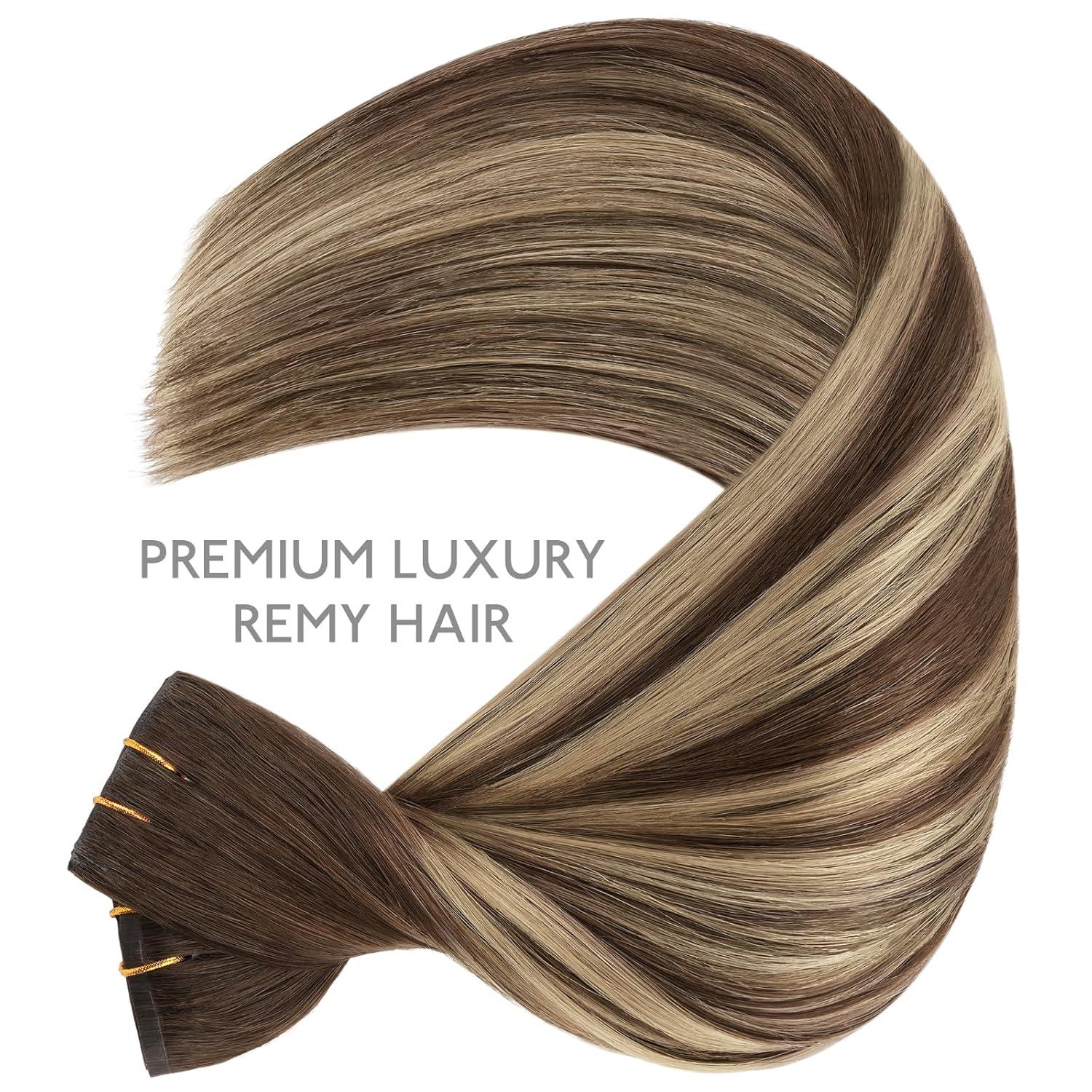 imageWENNALIFE Invisi Edge Clip in Hair Extensions Real Human Hair 18 Inch 130g 7pcs Ombre Walnut Brown to Ash Brown and Bleach Blonde Seamless Clip in Extensions Remy Hair Clip Ins Invisible PU Skin WeftI4274 Balayage Chocolate Brown to Caramel Blonde