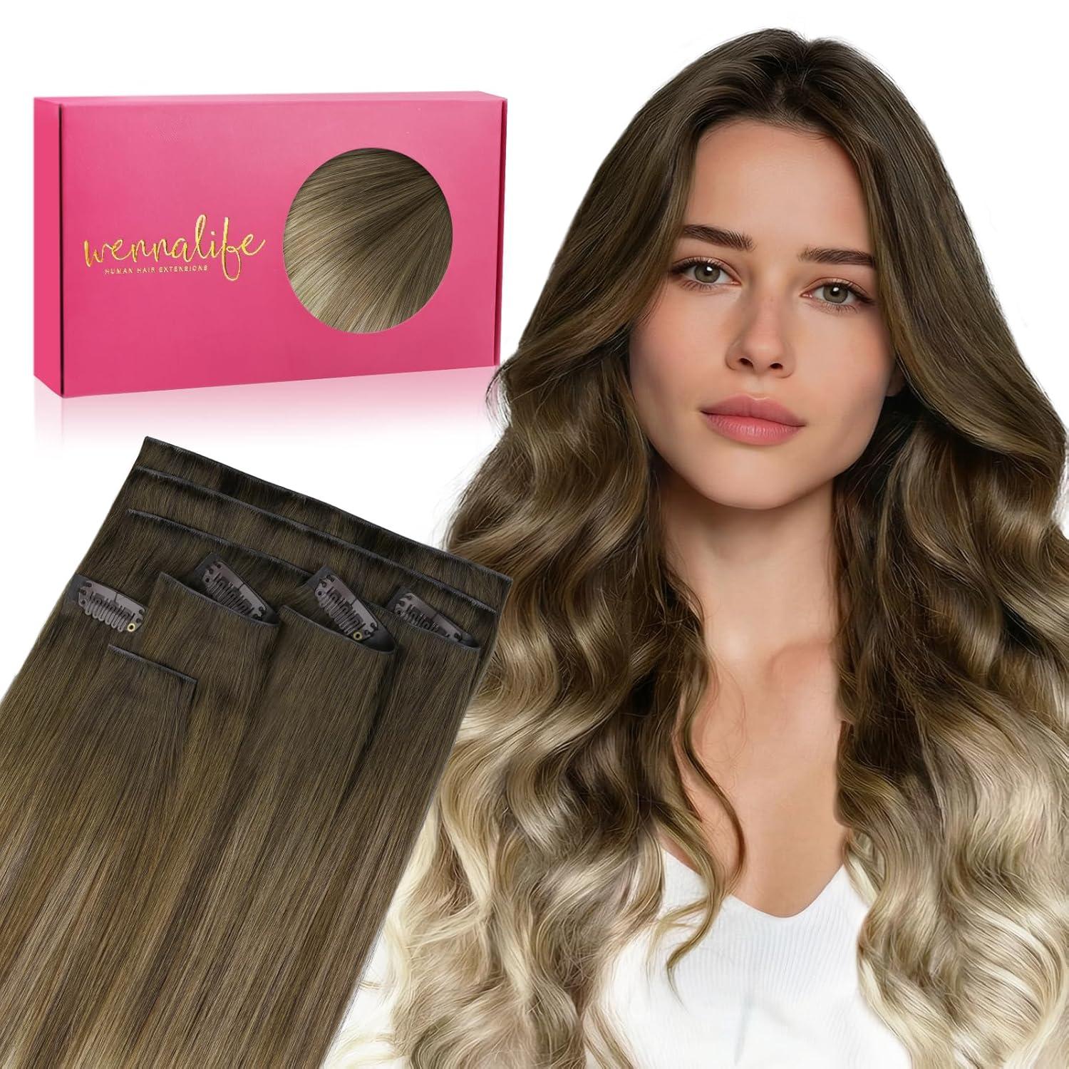 imageWENNALIFE Invisi Edge Clip in Hair Extensions Real Human Hair 18 Inch 130g 7pcs Ombre Walnut Brown to Ash Brown and Bleach Blonde Seamless Clip in Extensions Remy Hair Clip Ins Invisible PU Skin WeftI38613 Ombre Walnut Brown to Ash Brown and Bleach Blonde