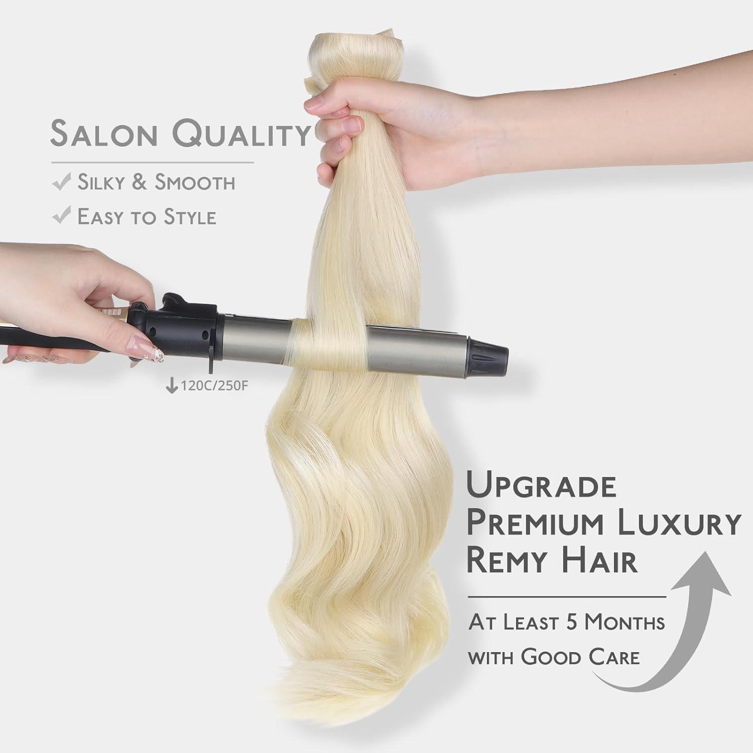 imageWENNALIFE Invisi Edge Clip in Hair Extensions Real Human Hair 18 Inch 130g 7pcs Ombre Walnut Brown to Ash Brown and Bleach Blonde Seamless Clip in Extensions Remy Hair Clip Ins Invisible PU Skin WeftI60A Platinum Blonde