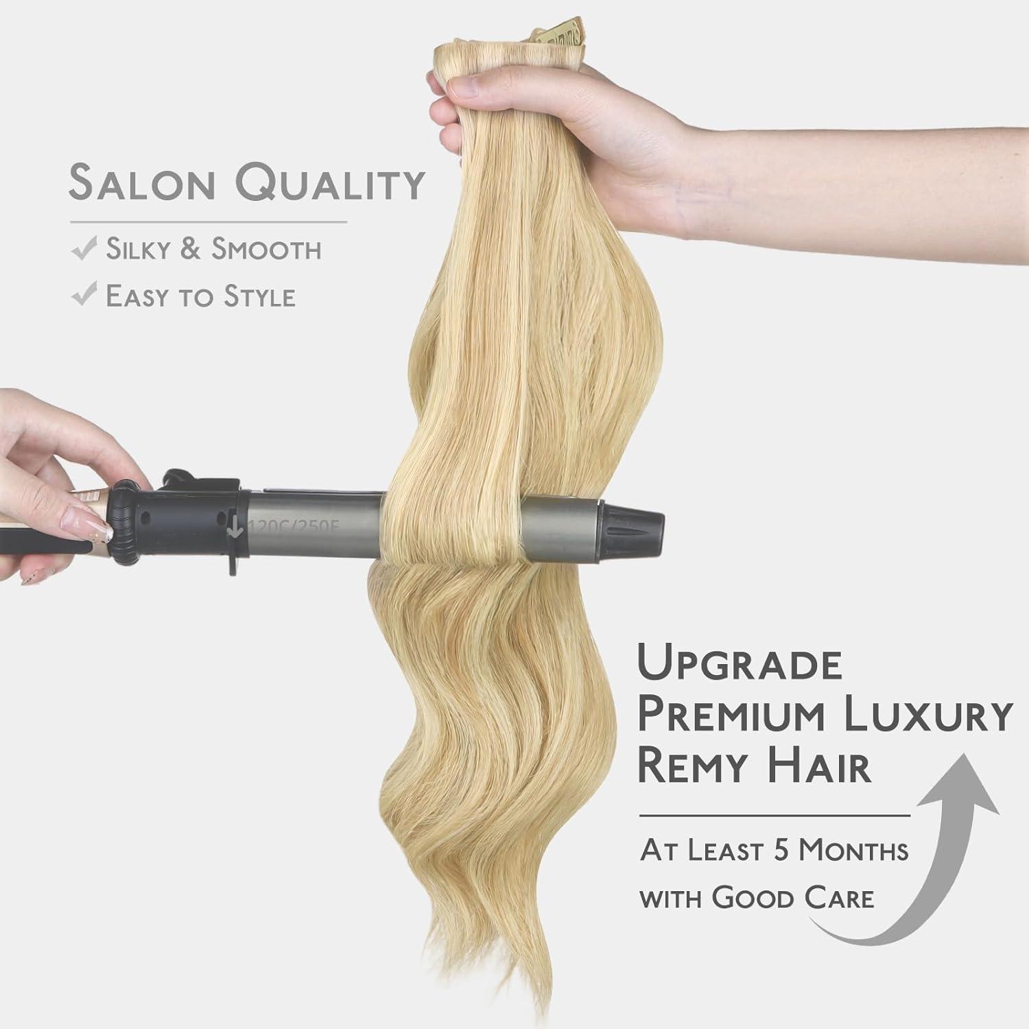 imageWENNALIFE Invisi Edge Clip in Hair Extensions Real Human Hair 18 Inch 130g 7pcs Ombre Walnut Brown to Ash Brown and Bleach Blonde Seamless Clip in Extensions Remy Hair Clip Ins Invisible PU Skin WeftI1622 Light Blonde Highlighted Golden Blonde
