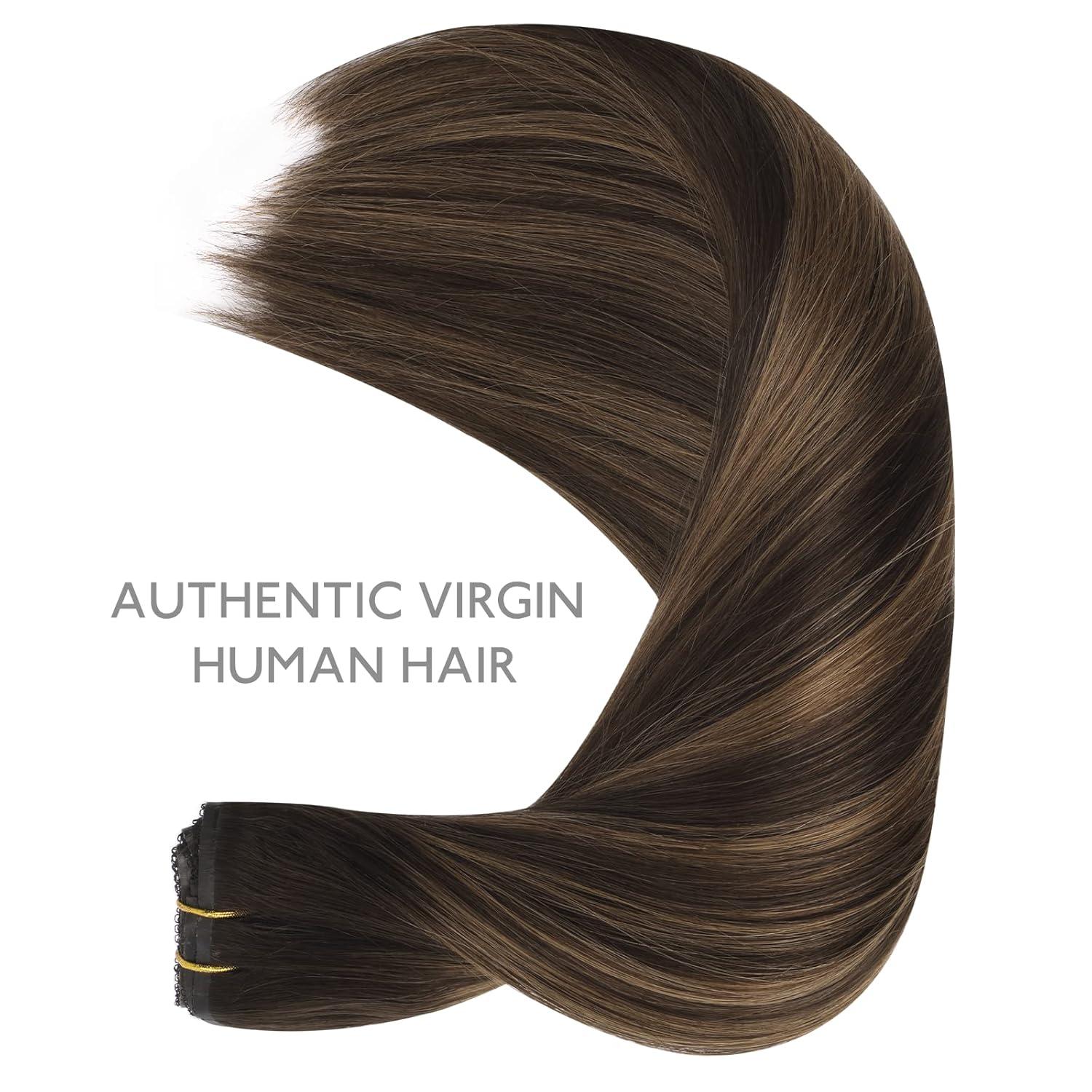 imageWENNALIFE Invisi Edge Clip in Hair Extensions Real Human Hair 18 Inch 130g 7pcs Ombre Walnut Brown to Ash Brown and Bleach Blonde Seamless Clip in Extensions Remy Hair Clip Ins Invisible PU Skin WeftL262 Balayage Dark Brown Mixed Chestnut Brown
