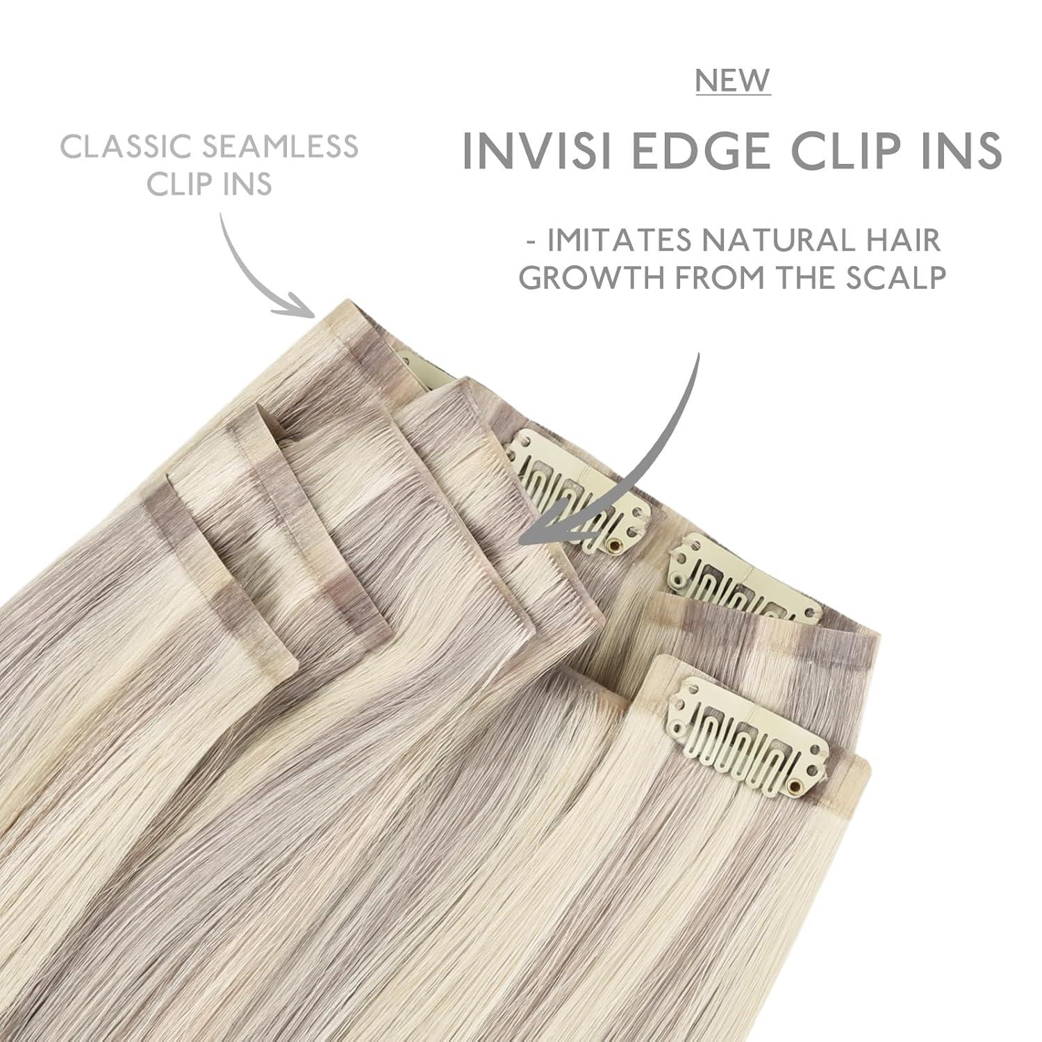 imageWENNALIFE Invisi Edge Clip in Hair Extensions Real Human Hair 18 Inch 130g 7pcs Ombre Walnut Brown to Ash Brown and Bleach Blonde Seamless Clip in Extensions Remy Hair Clip Ins Invisible PU Skin WeftI17A60A Ash Blonde Highlighted Platinum Blonde