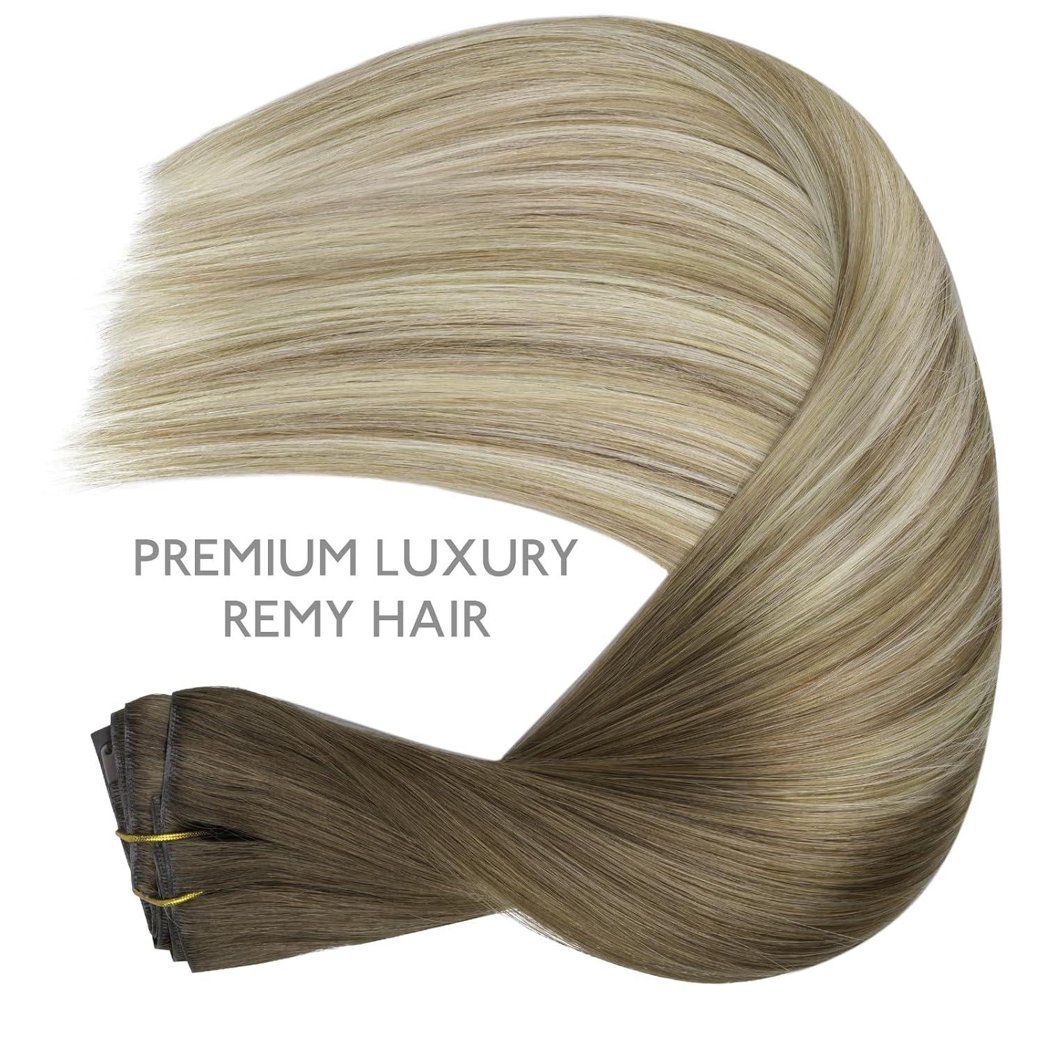 imageWENNALIFE Invisi Edge Clip in Hair Extensions Real Human Hair 18 Inch 130g 7pcs Ombre Walnut Brown to Ash Brown and Bleach Blonde Seamless Clip in Extensions Remy Hair Clip Ins Invisible PU Skin WeftI38613 Ombre Walnut Brown to Ash Brown and Bleach Blonde
