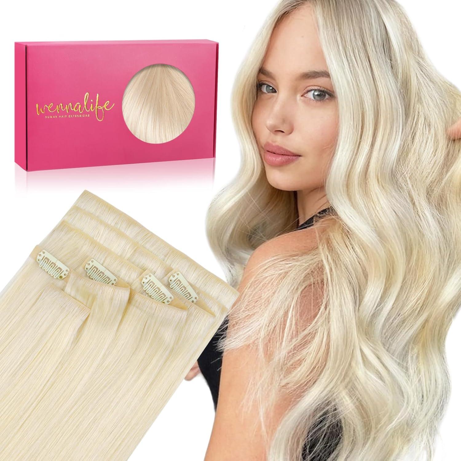 imageWENNALIFE Invisi Edge Clip in Hair Extensions Real Human Hair 18 Inch 130g 7pcs Ombre Walnut Brown to Ash Brown and Bleach Blonde Seamless Clip in Extensions Remy Hair Clip Ins Invisible PU Skin WeftI60A Platinum Blonde