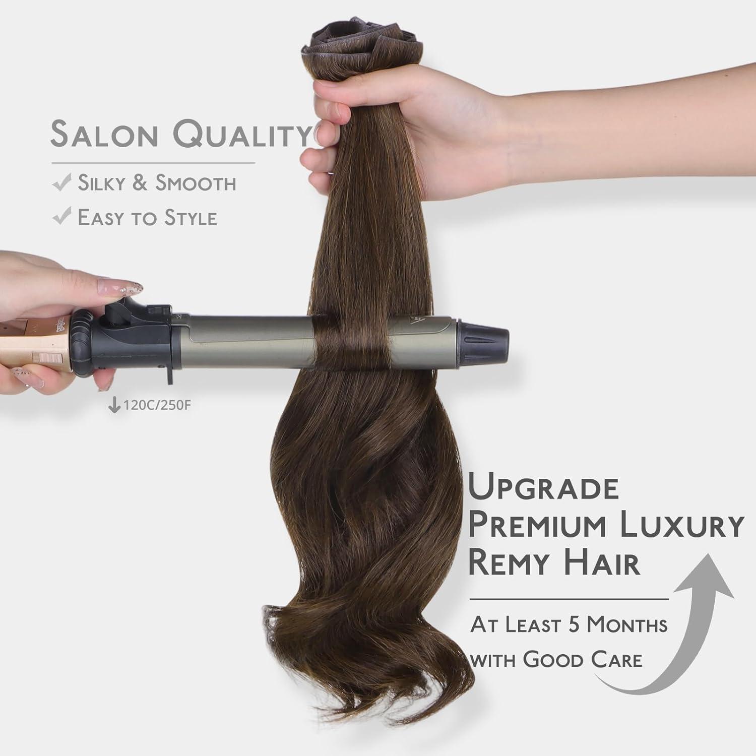 imageWENNALIFE Invisi Edge Clip in Hair Extensions Real Human Hair 18 Inch 130g 7pcs Ombre Walnut Brown to Ash Brown and Bleach Blonde Seamless Clip in Extensions Remy Hair Clip Ins Invisible PU Skin WeftI4 Chocolate Brown