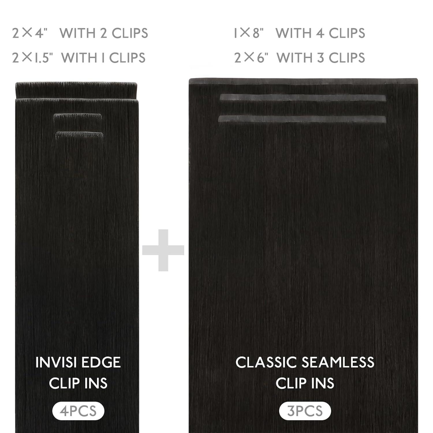 imageWENNALIFE Invisi Edge Clip in Hair Extensions Real Human Hair 18 Inch 130g 7pcs Ombre Walnut Brown to Ash Brown and Bleach Blonde Seamless Clip in Extensions Remy Hair Clip Ins Invisible PU Skin WeftI1 Jet Black