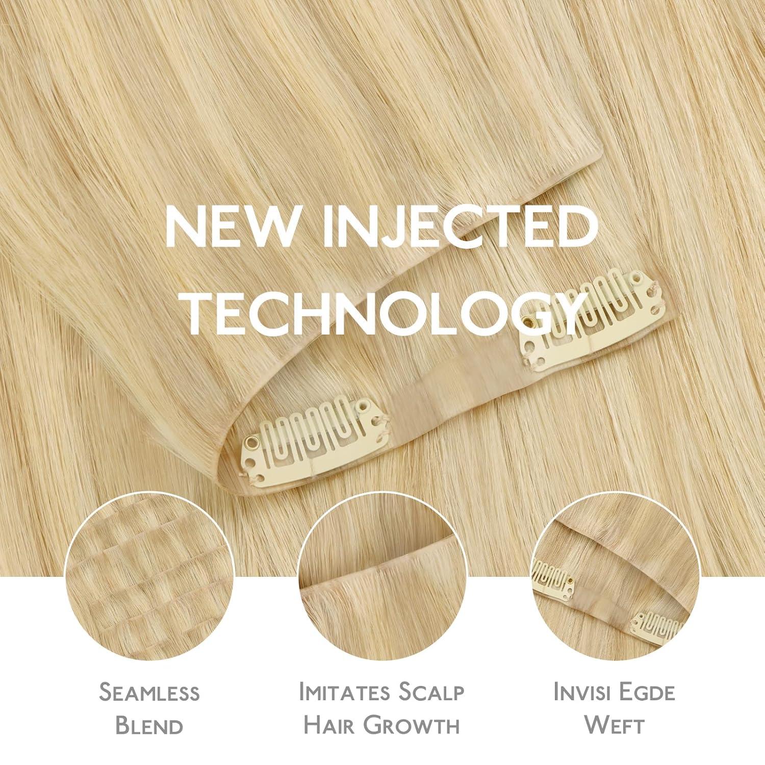 imageWENNALIFE Invisi Edge Clip in Hair Extensions Real Human Hair 18 Inch 130g 7pcs Ombre Walnut Brown to Ash Brown and Bleach Blonde Seamless Clip in Extensions Remy Hair Clip Ins Invisible PU Skin WeftI1622 Light Blonde Highlighted Golden Blonde