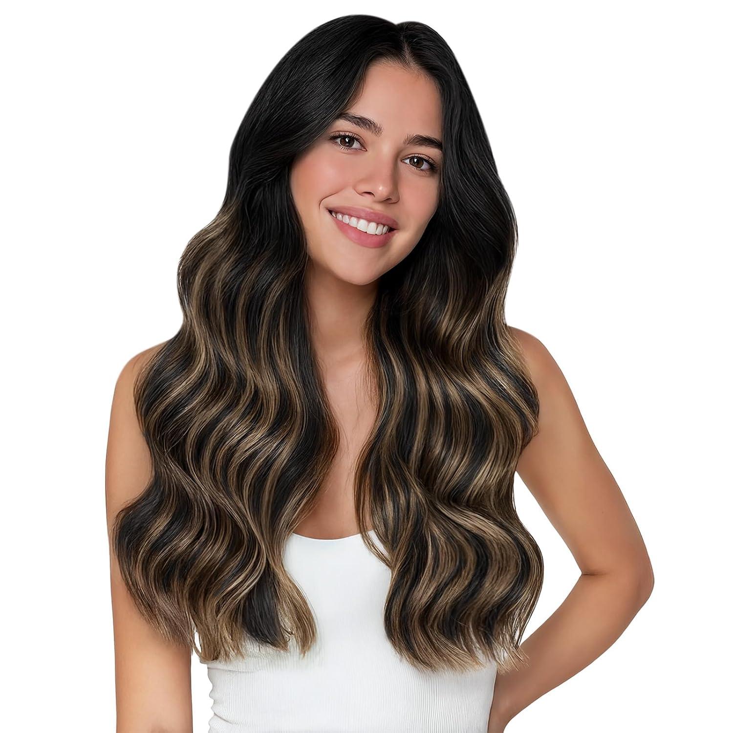 imageWENNALIFE Invisi Edge Clip in Hair Extensions Real Human Hair 18 Inch 130g 7pcs Ombre Walnut Brown to Ash Brown and Bleach Blonde Seamless Clip in Extensions Remy Hair Clip Ins Invisible PU Skin WeftI1B61B Balayage Natural Black to Chestnut Brown