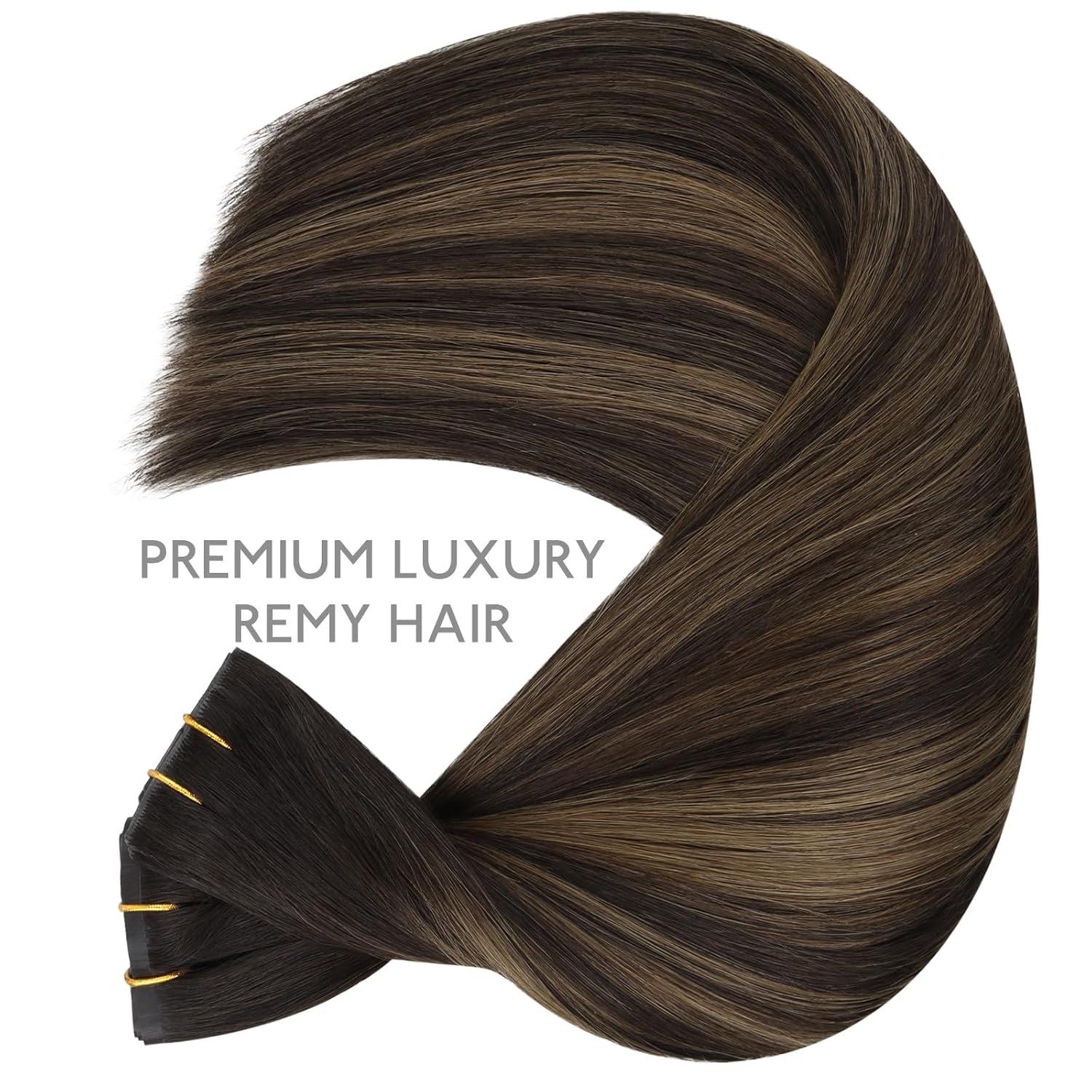 imageWENNALIFE Invisi Edge Clip in Hair Extensions Real Human Hair 18 Inch 130g 7pcs Ombre Walnut Brown to Ash Brown and Bleach Blonde Seamless Clip in Extensions Remy Hair Clip Ins Invisible PU Skin WeftI262 Balayage Dark Brown Mixed Chestnut Brown