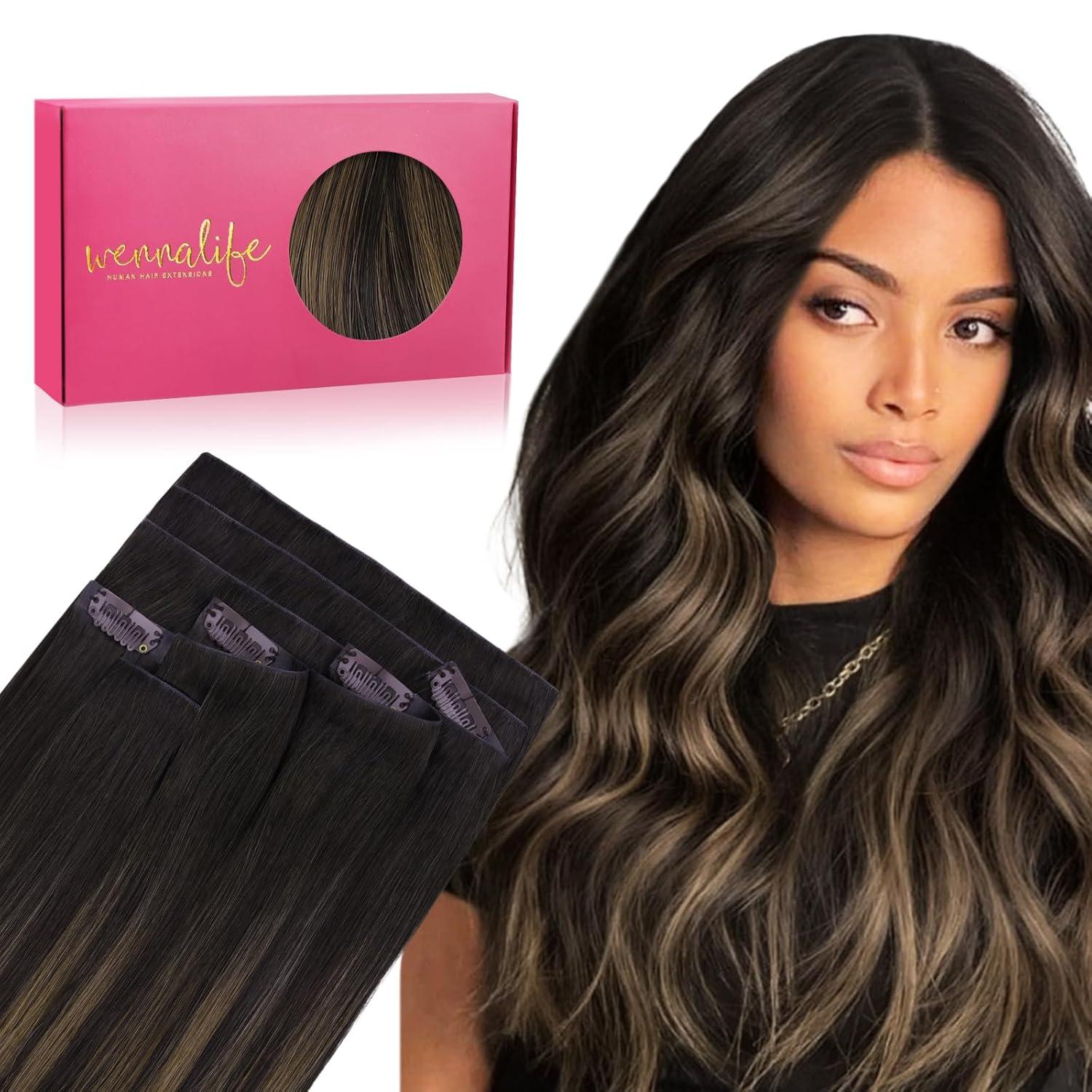 imageWENNALIFE Invisi Edge Clip in Hair Extensions Real Human Hair 18 Inch 130g 7pcs Ombre Walnut Brown to Ash Brown and Bleach Blonde Seamless Clip in Extensions Remy Hair Clip Ins Invisible PU Skin WeftI262 Balayage Dark Brown Mixed Chestnut Brown