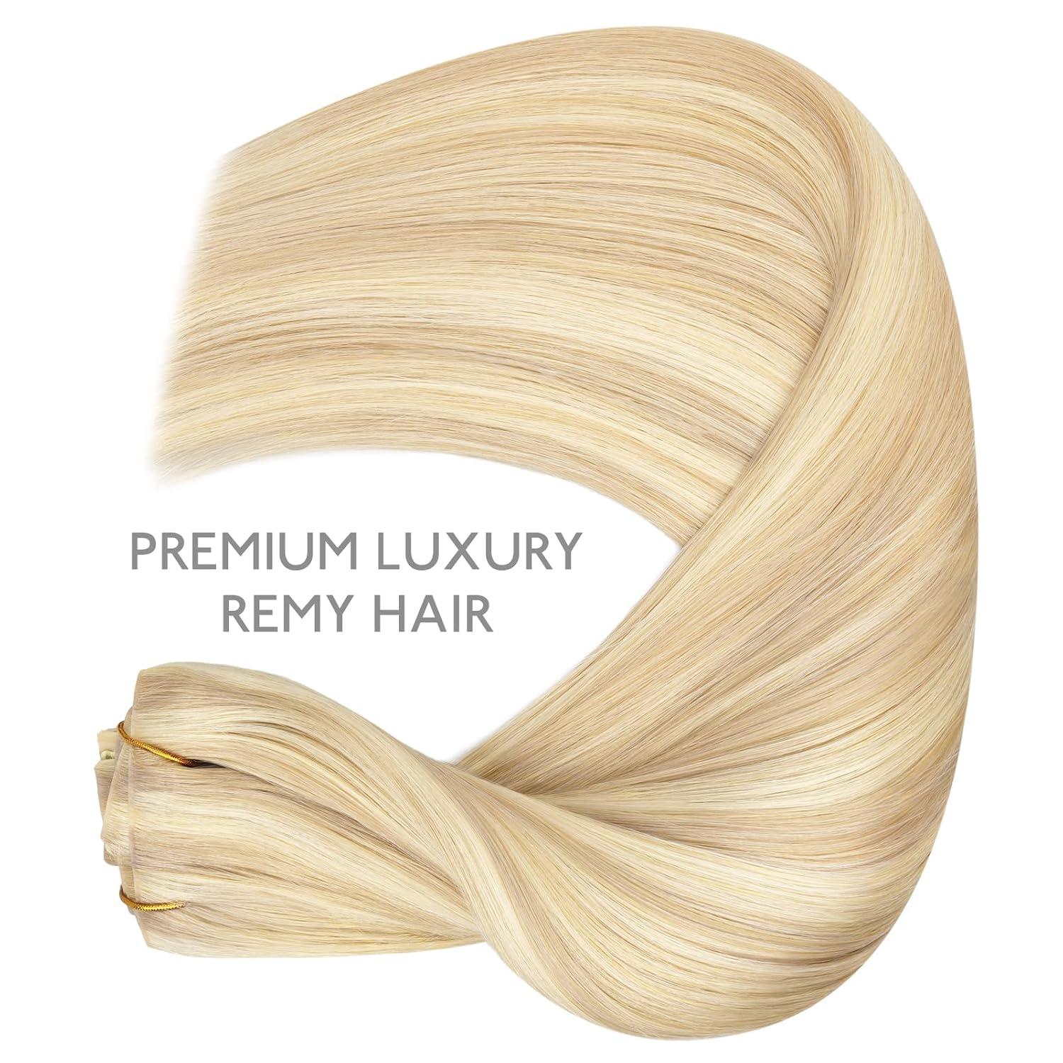 imageWENNALIFE Invisi Edge Clip in Hair Extensions Real Human Hair 18 Inch 130g 7pcs Ombre Walnut Brown to Ash Brown and Bleach Blonde Seamless Clip in Extensions Remy Hair Clip Ins Invisible PU Skin WeftI18F60A Balayage Light Wheat Platinum Blonde