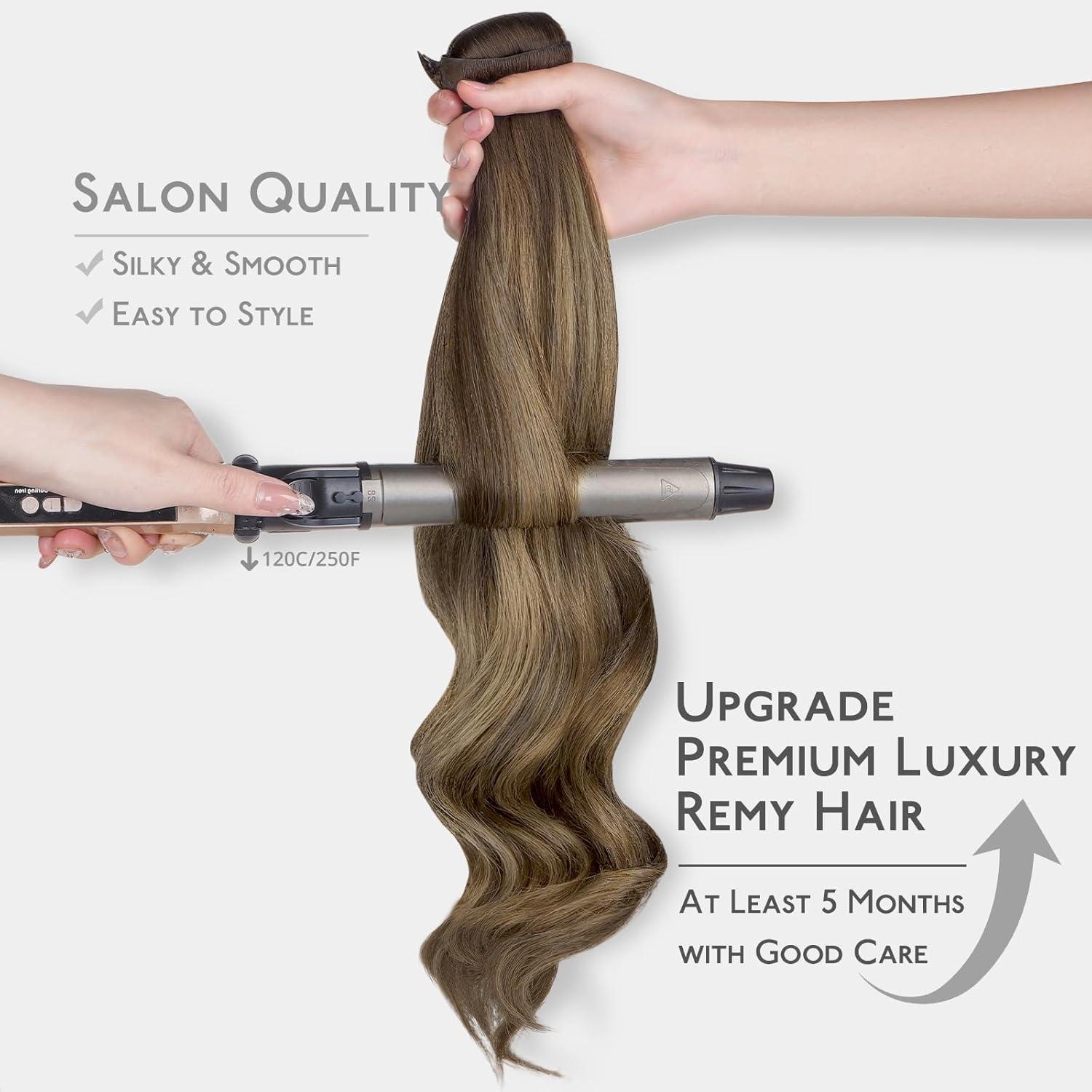 imageWENNALIFE Invisi Edge Clip in Hair Extensions Real Human Hair 18 Inch 130g 7pcs Ombre Walnut Brown to Ash Brown and Bleach Blonde Seamless Clip in Extensions Remy Hair Clip Ins Invisible PU Skin WeftI4274 Balayage Chocolate Brown to Caramel Blonde