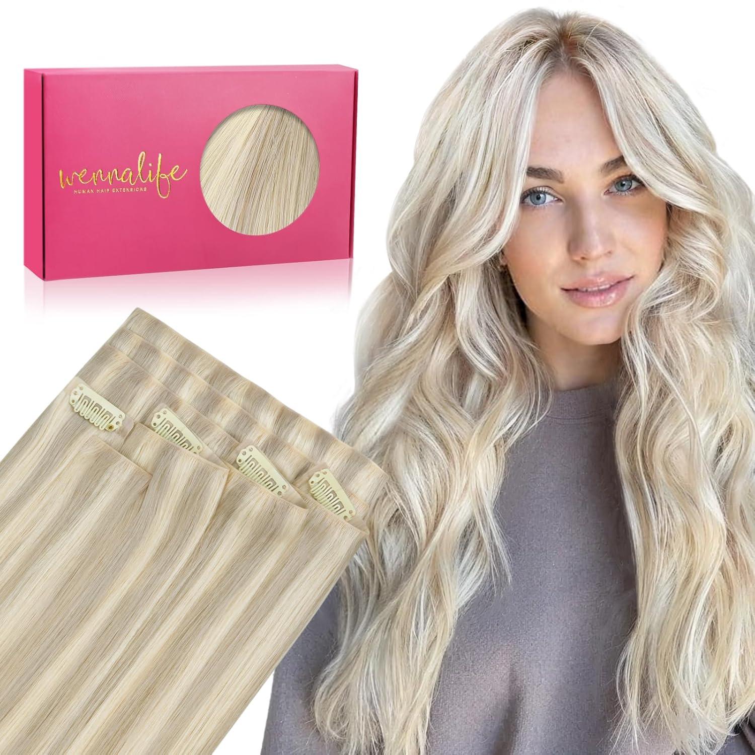 imageWENNALIFE Invisi Edge Clip in Hair Extensions Real Human Hair 18 Inch 130g 7pcs Ombre Walnut Brown to Ash Brown and Bleach Blonde Seamless Clip in Extensions Remy Hair Clip Ins Invisible PU Skin WeftI17A60A Ash Blonde Highlighted Platinum Blonde