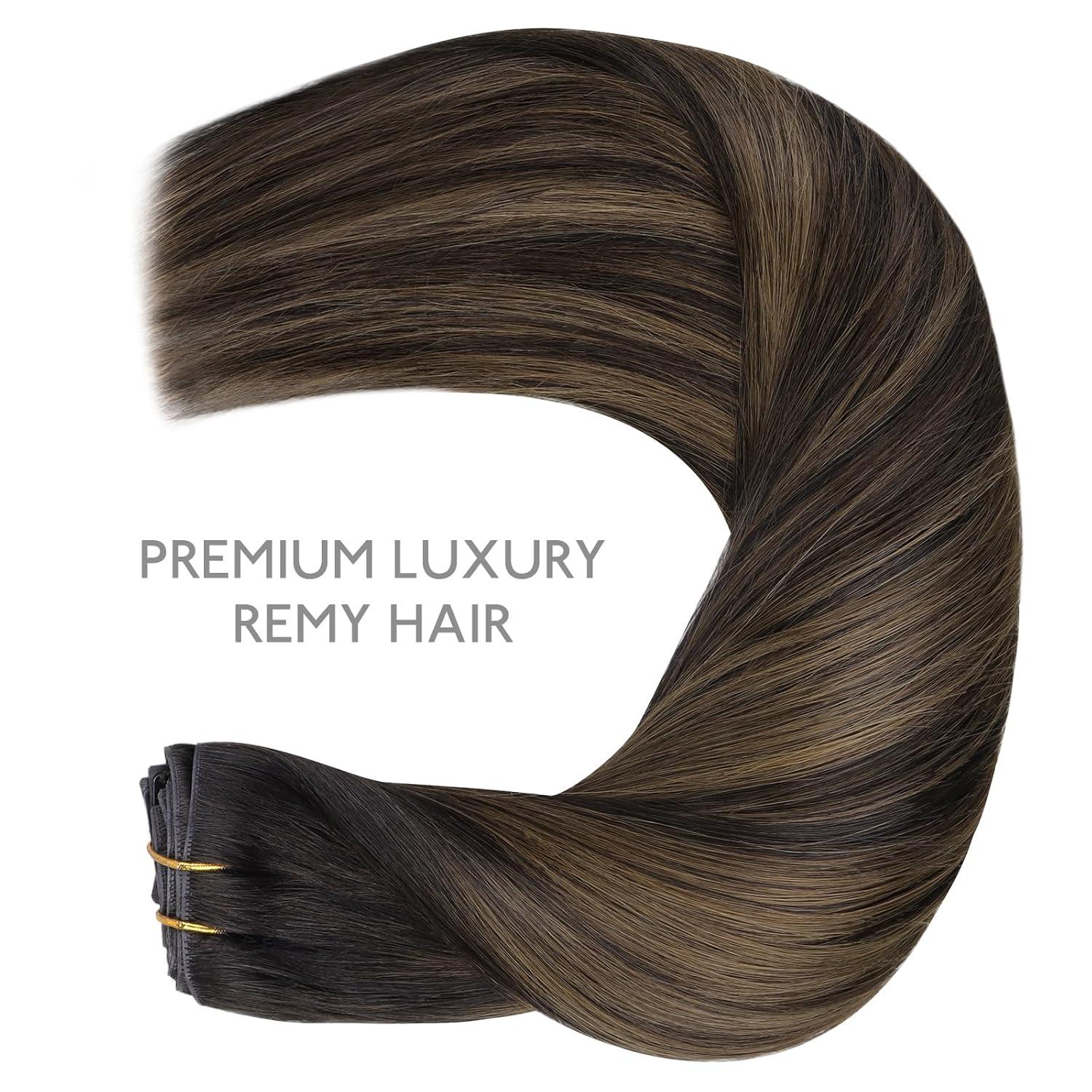 imageWENNALIFE Invisi Edge Clip in Hair Extensions Real Human Hair 18 Inch 130g 7pcs Ombre Walnut Brown to Ash Brown and Bleach Blonde Seamless Clip in Extensions Remy Hair Clip Ins Invisible PU Skin WeftI262 Balayage Dark Brown Mixed Chestnut Brown