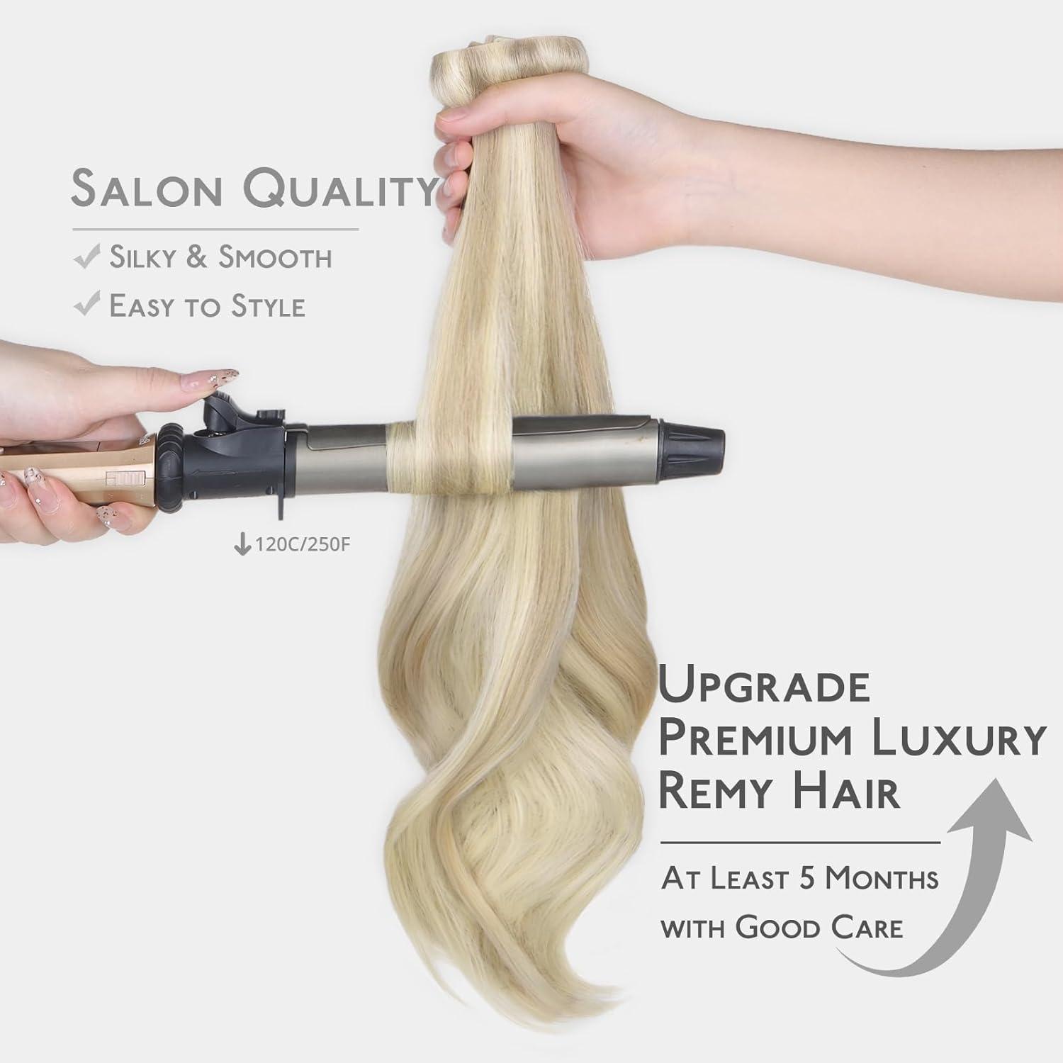 imageWENNALIFE Invisi Edge Clip in Hair Extensions Real Human Hair 18 Inch 130g 7pcs Ombre Walnut Brown to Ash Brown and Bleach Blonde Seamless Clip in Extensions Remy Hair Clip Ins Invisible PU Skin WeftI17A60A Ash Blonde Highlighted Platinum Blonde