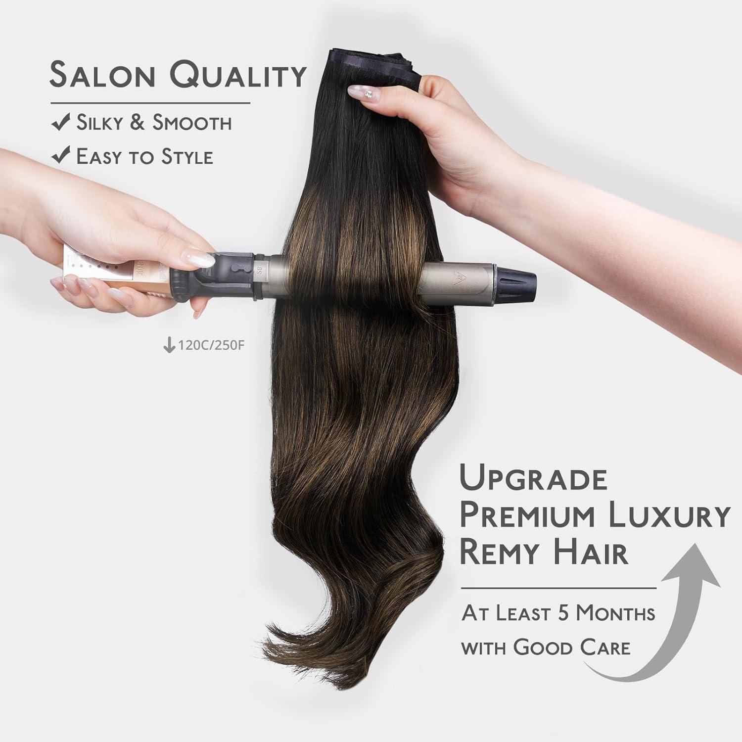 imageWENNALIFE Invisi Edge Clip in Hair Extensions Real Human Hair 18 Inch 130g 7pcs Ombre Walnut Brown to Ash Brown and Bleach Blonde Seamless Clip in Extensions Remy Hair Clip Ins Invisible PU Skin WeftI1B61B Balayage Natural Black to Chestnut Brown