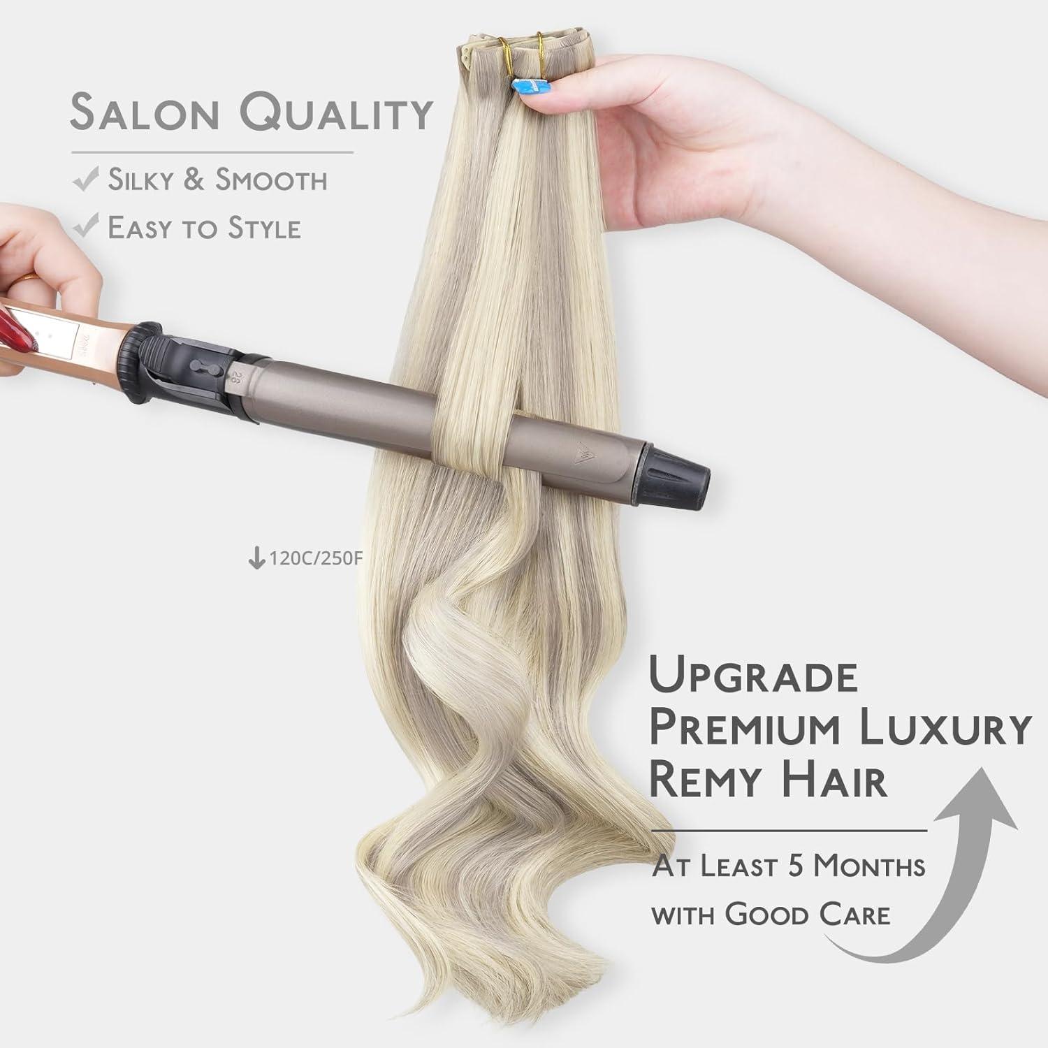 imageWENNALIFE Invisi Edge Clip in Hair Extensions Real Human Hair 18 Inch 130g 7pcs Ombre Walnut Brown to Ash Brown and Bleach Blonde Seamless Clip in Extensions Remy Hair Clip Ins Invisible PU Skin WeftI17A60A Ash Blonde Highlighted Platinum Blonde