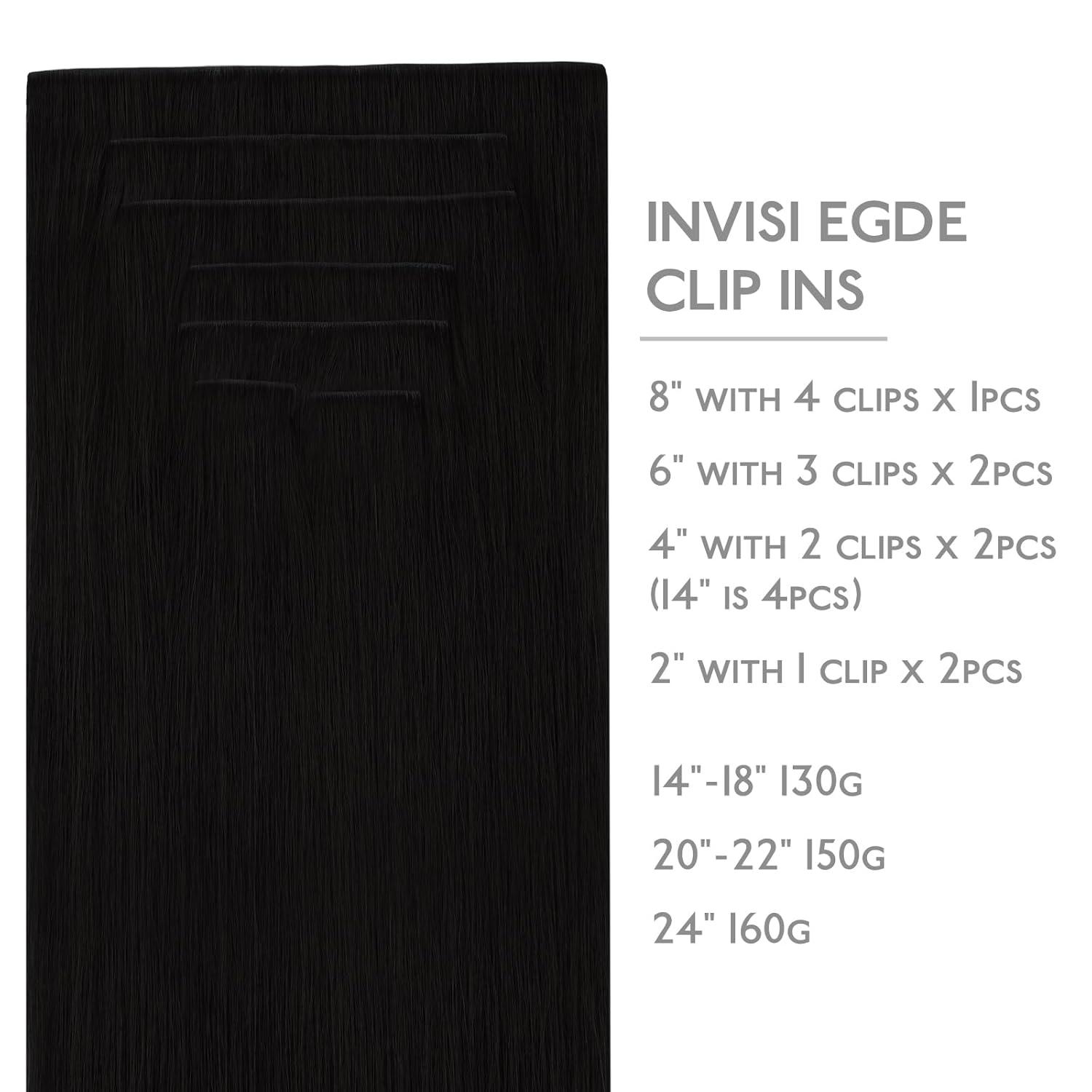 imageWENNALIFE Invisi Edge Clip in Hair Extensions Real Human Hair 18 Inch 130g 7pcs Ombre Walnut Brown to Ash Brown and Bleach Blonde Seamless Clip in Extensions Remy Hair Clip Ins Invisible PU Skin WeftI1 Jet Black