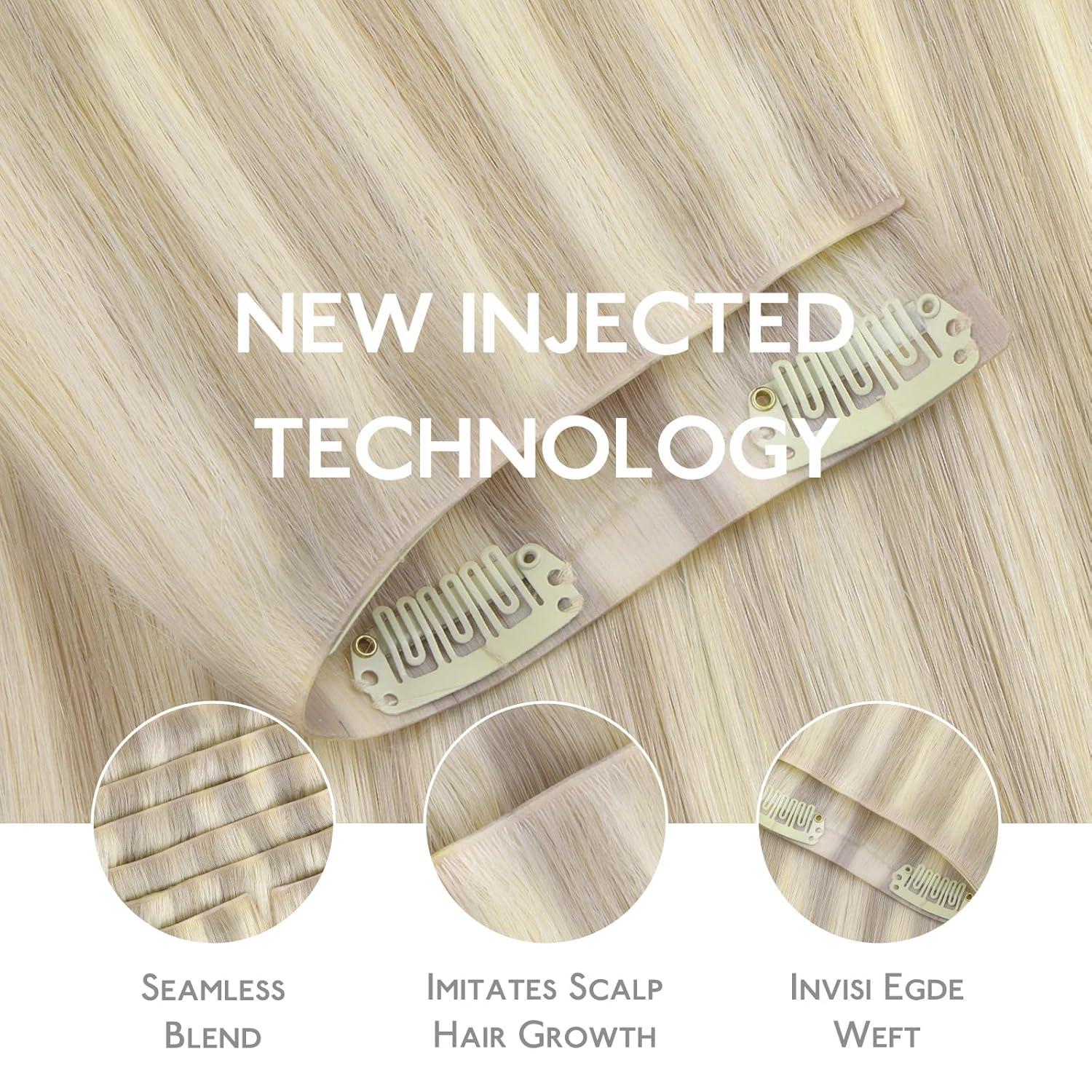 imageWENNALIFE Invisi Edge Clip in Hair Extensions Real Human Hair 18 Inch 130g 7pcs Ombre Walnut Brown to Ash Brown and Bleach Blonde Seamless Clip in Extensions Remy Hair Clip Ins Invisible PU Skin WeftI17A60A Ash Blonde Highlighted Platinum Blonde