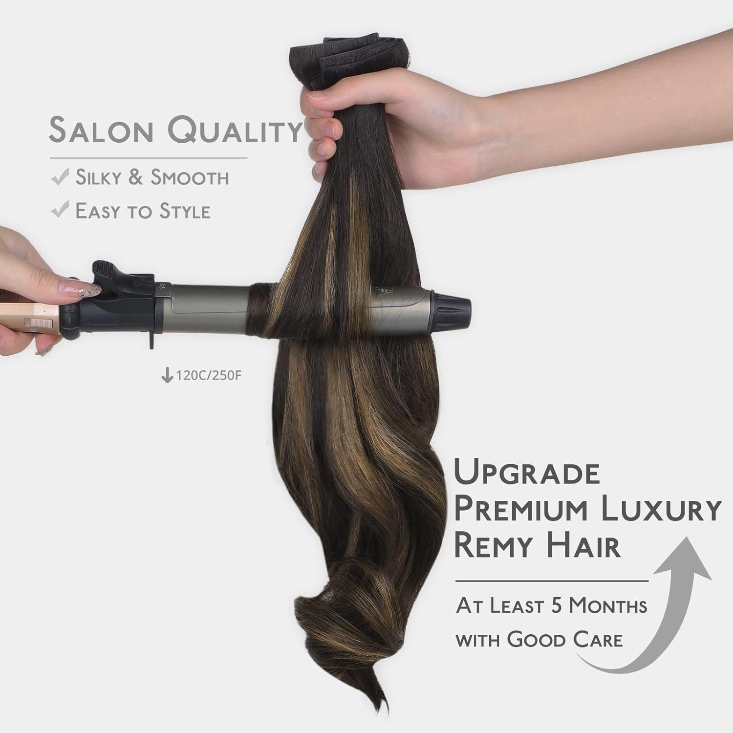 imageWENNALIFE Invisi Edge Clip in Hair Extensions Real Human Hair 18 Inch 130g 7pcs Ombre Walnut Brown to Ash Brown and Bleach Blonde Seamless Clip in Extensions Remy Hair Clip Ins Invisible PU Skin WeftI262 Balayage Dark Brown Mixed Chestnut Brown