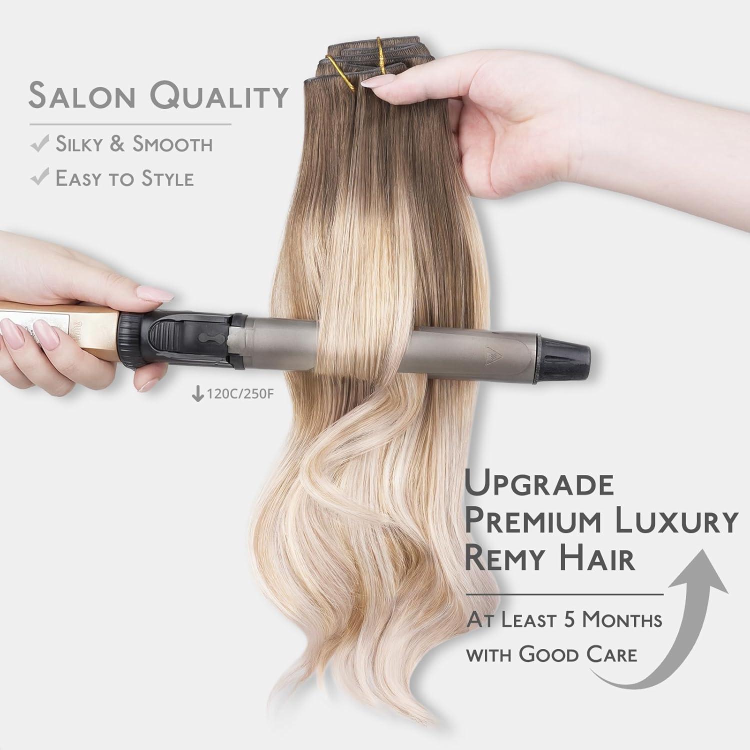 imageWENNALIFE Invisi Edge Clip in Hair Extensions Real Human Hair 18 Inch 130g 7pcs Ombre Walnut Brown to Ash Brown and Bleach Blonde Seamless Clip in Extensions Remy Hair Clip Ins Invisible PU Skin WeftI91860 Balayage Sandy Brown to Platinum Blonde
