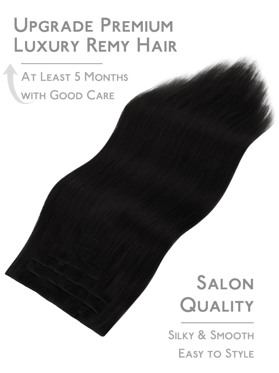 imageWENNALIFE Invisi Edge Clip in Hair Extensions Real Human Hair 18 Inch 130g 7pcs Ombre Walnut Brown to Ash Brown and Bleach Blonde Seamless Clip in Extensions Remy Hair Clip Ins Invisible PU Skin WeftG1 Jet Black