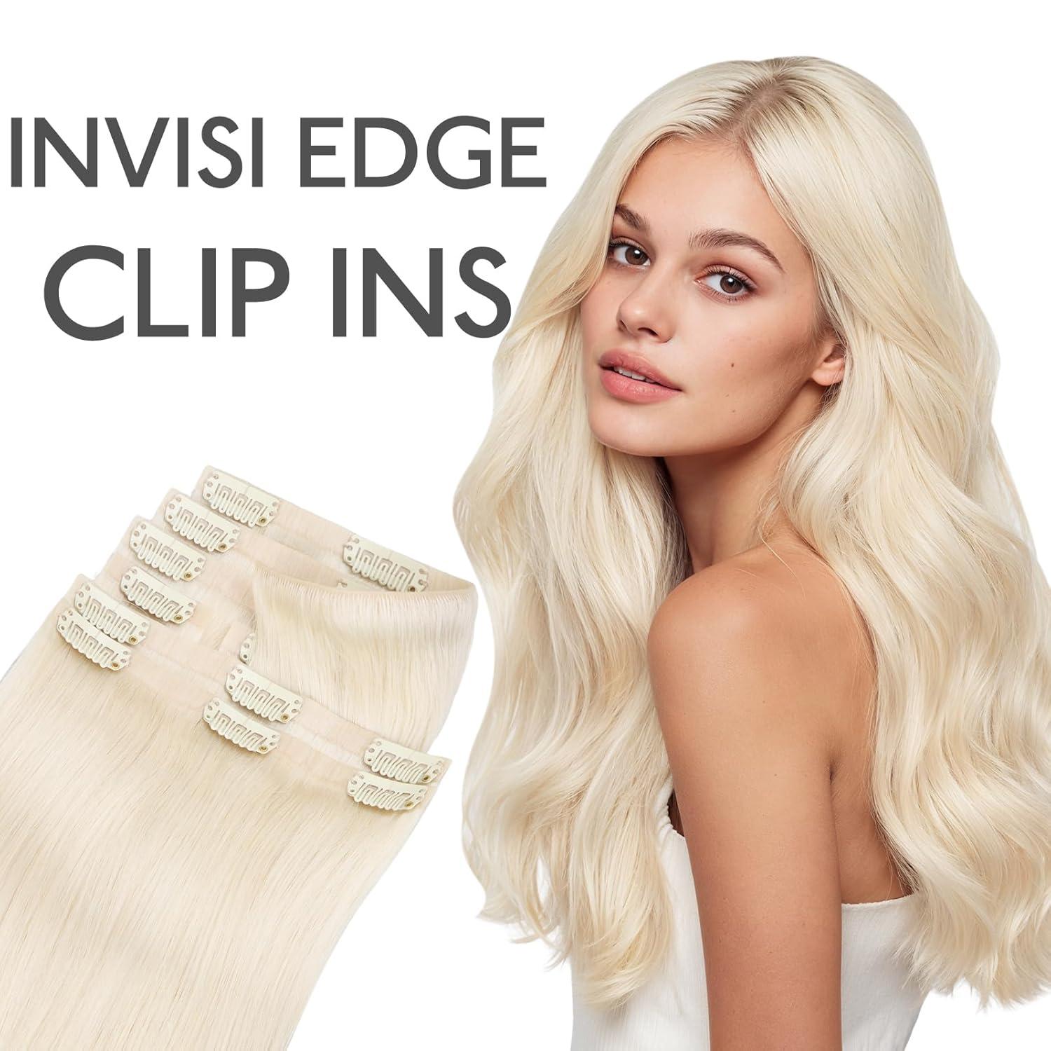 imageWENNALIFE Invisi Edge Clip in Hair Extensions Real Human Hair 18 Inch 130g 7pcs Ombre Walnut Brown to Ash Brown and Bleach Blonde Seamless Clip in Extensions Remy Hair Clip Ins Invisible PU Skin WeftI1000 White Blonde