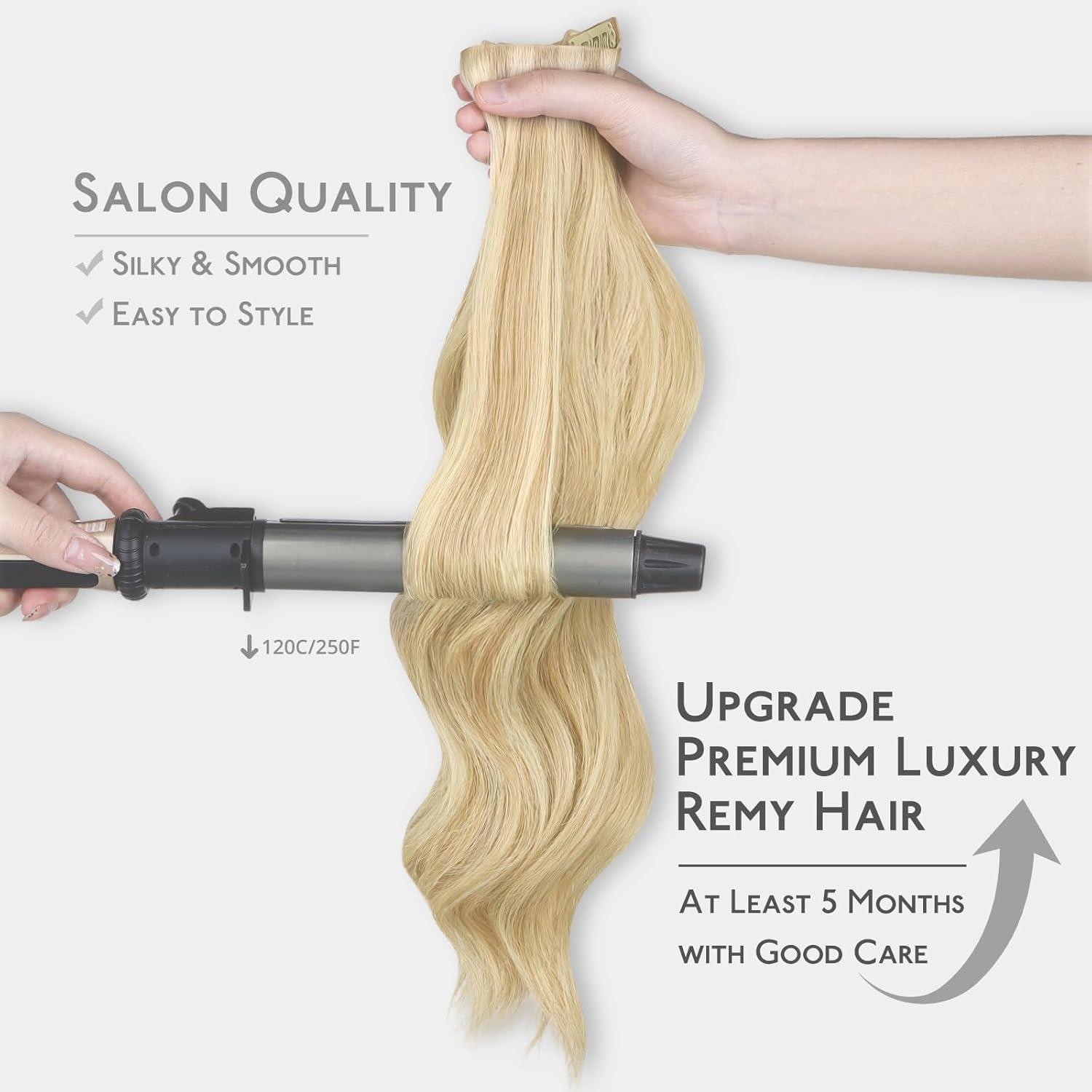 imageWENNALIFE Invisi Edge Clip in Hair Extensions Real Human Hair 18 Inch 130g 7pcs Ombre Walnut Brown to Ash Brown and Bleach Blonde Seamless Clip in Extensions Remy Hair Clip Ins Invisible PU Skin WeftI1622 Light Blonde Highlighted Golden Blonde