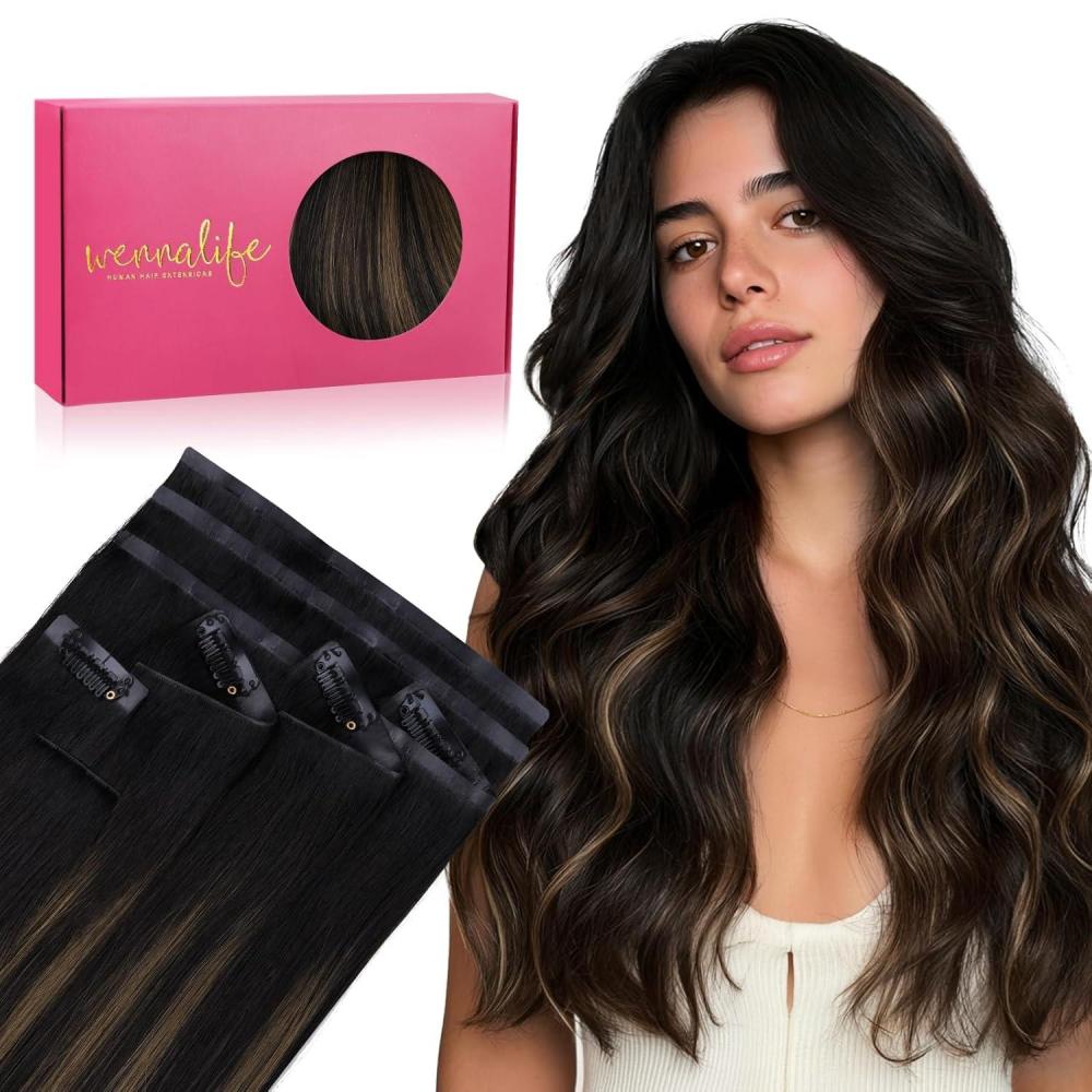 imageWENNALIFE Invisi Edge Clip in Hair Extensions Real Human Hair 18 Inch 130g 7pcs Ombre Walnut Brown to Ash Brown and Bleach Blonde Seamless Clip in Extensions Remy Hair Clip Ins Invisible PU Skin WeftI1B61B Balayage Natural Black to Chestnut Brown