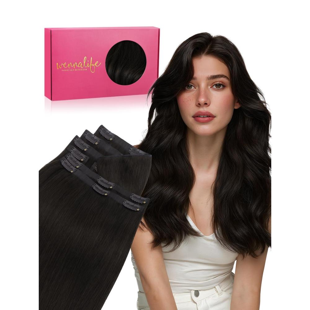 imageWENNALIFE Invisi Edge Clip in Hair Extensions Real Human Hair 18 Inch 130g 7pcs Ombre Walnut Brown to Ash Brown and Bleach Blonde Seamless Clip in Extensions Remy Hair Clip Ins Invisible PU Skin WeftG1B Natural Black