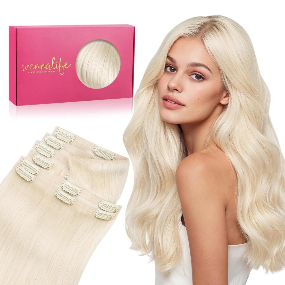 imageWENNALIFE Invisi Edge Clip in Hair Extensions Real Human Hair 18 Inch 130g 7pcs Ombre Walnut Brown to Ash Brown and Bleach Blonde Seamless Clip in Extensions Remy Hair Clip Ins Invisible PU Skin WeftI1000 White Blonde