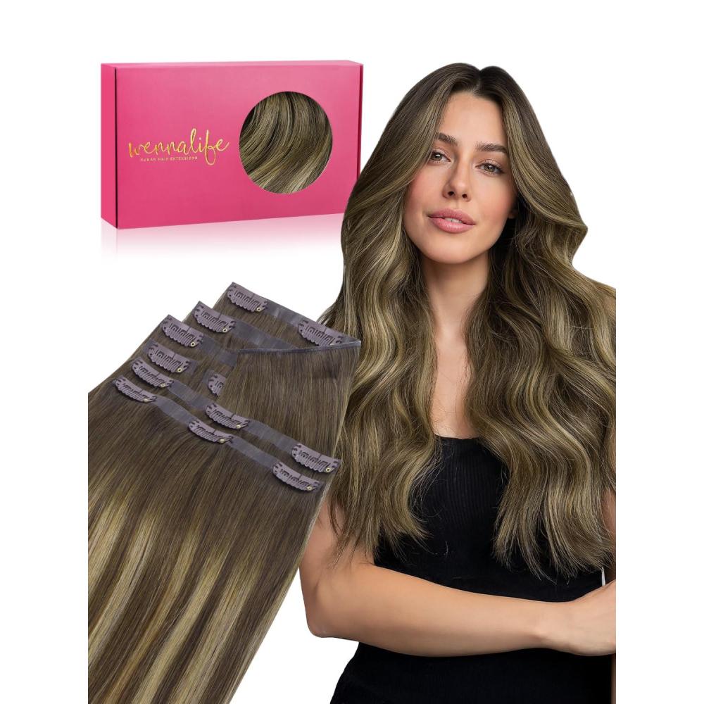 imageWENNALIFE Invisi Edge Clip in Hair Extensions Real Human Hair 18 Inch 130g 7pcs Ombre Walnut Brown to Ash Brown and Bleach Blonde Seamless Clip in Extensions Remy Hair Clip Ins Invisible PU Skin WeftG4274 Balayage Chocolate Brown to Caramel Blonde