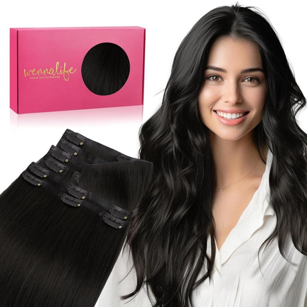 imageWENNALIFE Invisi Edge Clip in Hair Extensions Real Human Hair 18 Inch 130g 7pcs Ombre Walnut Brown to Ash Brown and Bleach Blonde Seamless Clip in Extensions Remy Hair Clip Ins Invisible PU Skin WeftI1B Natural Black