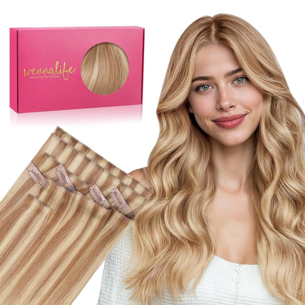 imageWENNALIFE Invisi Edge Clip in Hair Extensions Real Human Hair 18 Inch 130g 7pcs Ombre Walnut Brown to Ash Brown and Bleach Blonde Seamless Clip in Extensions Remy Hair Clip Ins Invisible PU Skin WeftI12A18H Ash Beige Blonde Blend