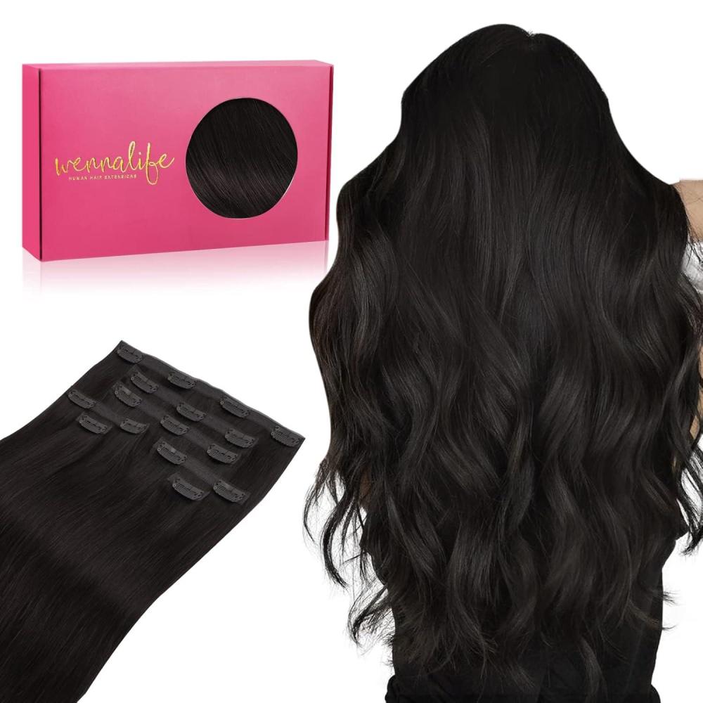 imageWENNALIFE Invisi Edge Clip in Hair Extensions Real Human Hair 18 Inch 130g 7pcs Ombre Walnut Brown to Ash Brown and Bleach Blonde Seamless Clip in Extensions Remy Hair Clip Ins Invisible PU Skin WeftL1B Natural Black
