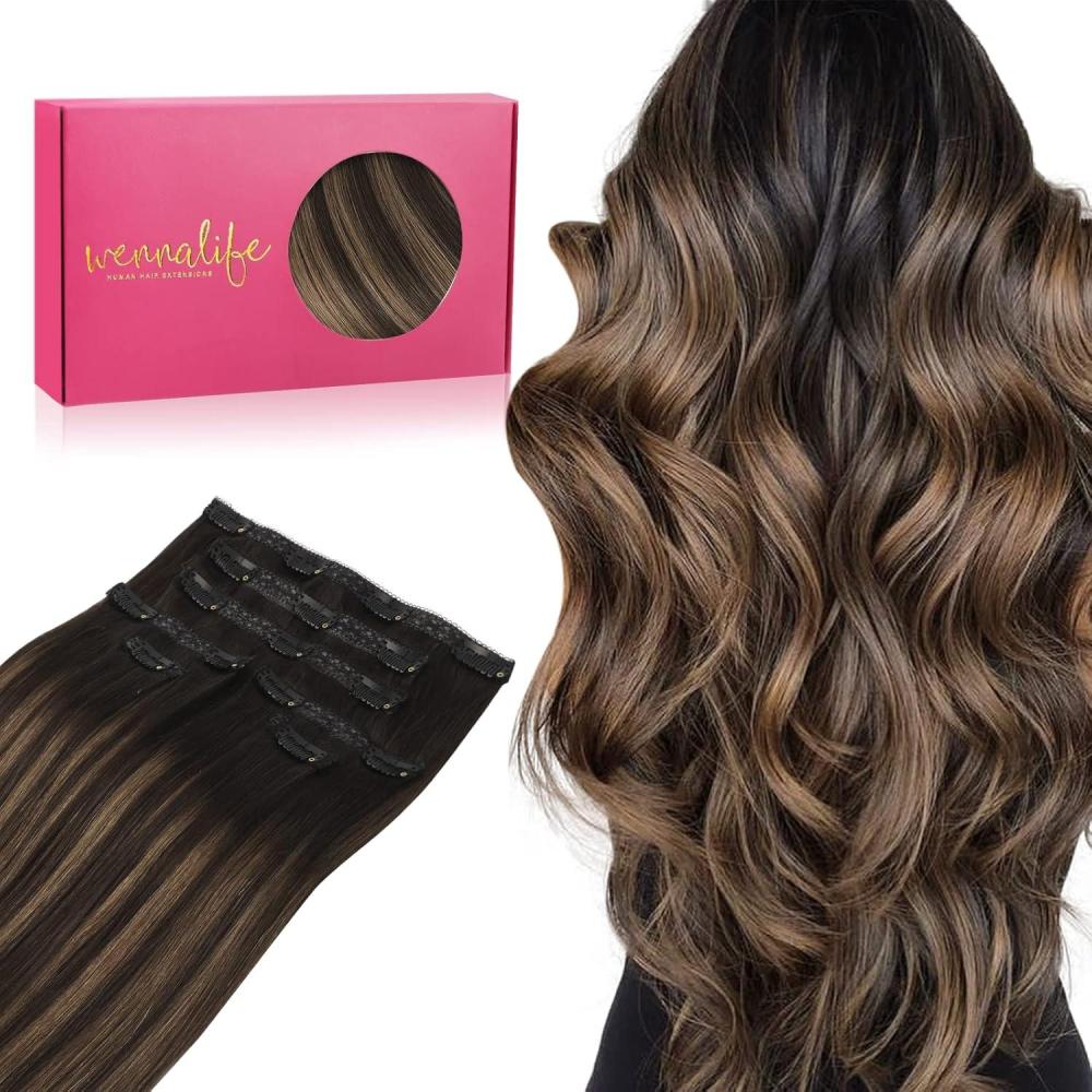 imageWENNALIFE Invisi Edge Clip in Hair Extensions Real Human Hair 18 Inch 130g 7pcs Ombre Walnut Brown to Ash Brown and Bleach Blonde Seamless Clip in Extensions Remy Hair Clip Ins Invisible PU Skin WeftL262 Balayage Dark Brown Mixed Chestnut Brown