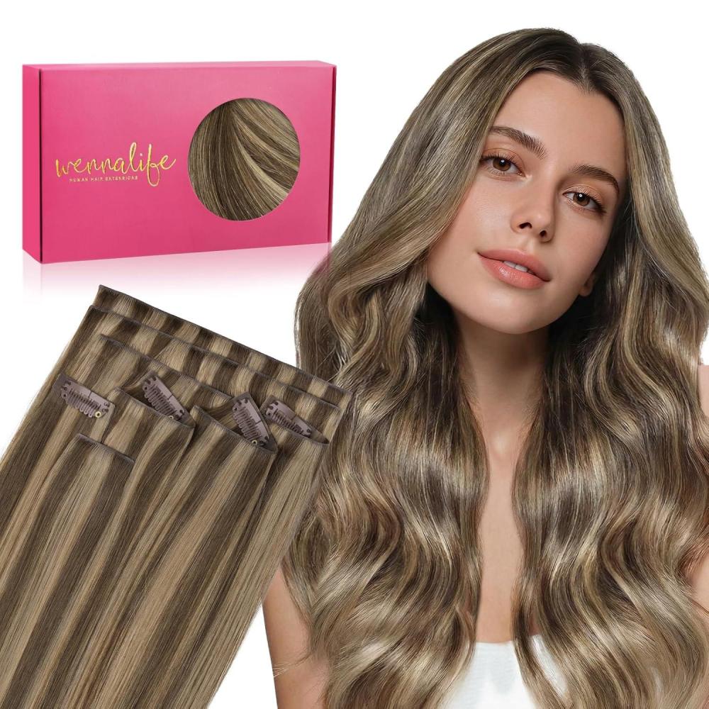 imageWENNALIFE Invisi Edge Clip in Hair Extensions Real Human Hair 18 Inch 130g 7pcs Ombre Walnut Brown to Ash Brown and Bleach Blonde Seamless Clip in Extensions Remy Hair Clip Ins Invisible PU Skin WeftI427 Balayage Chocolate Brown to Caramel Blonde