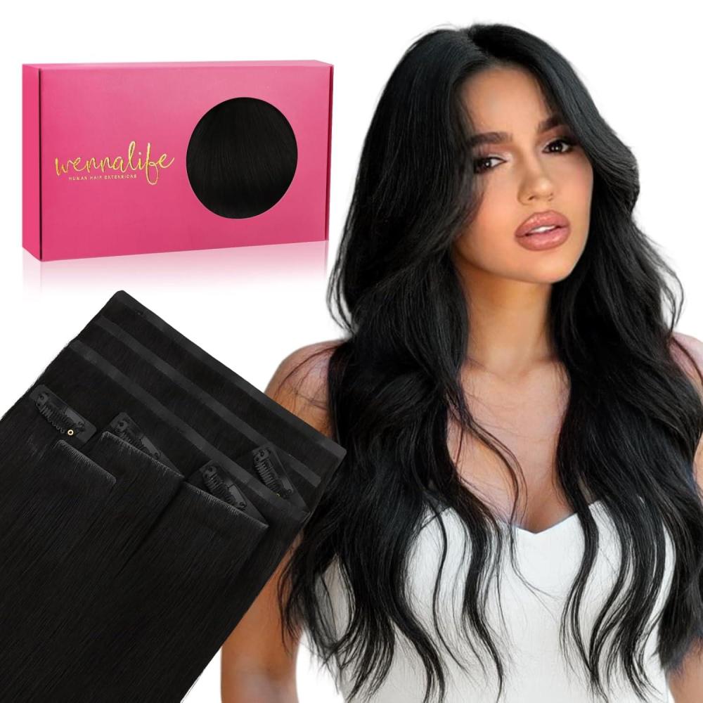 imageWENNALIFE Invisi Edge Clip in Hair Extensions Real Human Hair 18 Inch 130g 7pcs Ombre Walnut Brown to Ash Brown and Bleach Blonde Seamless Clip in Extensions Remy Hair Clip Ins Invisible PU Skin WeftI1 Jet Black